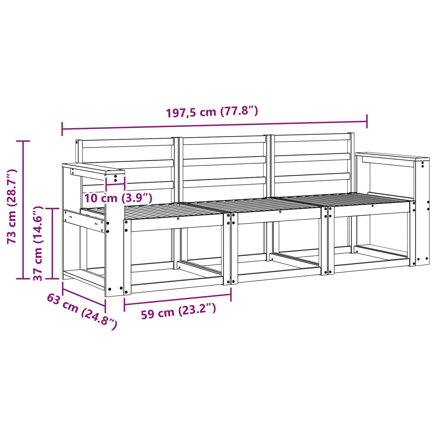vidaXL Outdoor Sofa Set 3 pcs White 197.5 x 63 x 73 cm