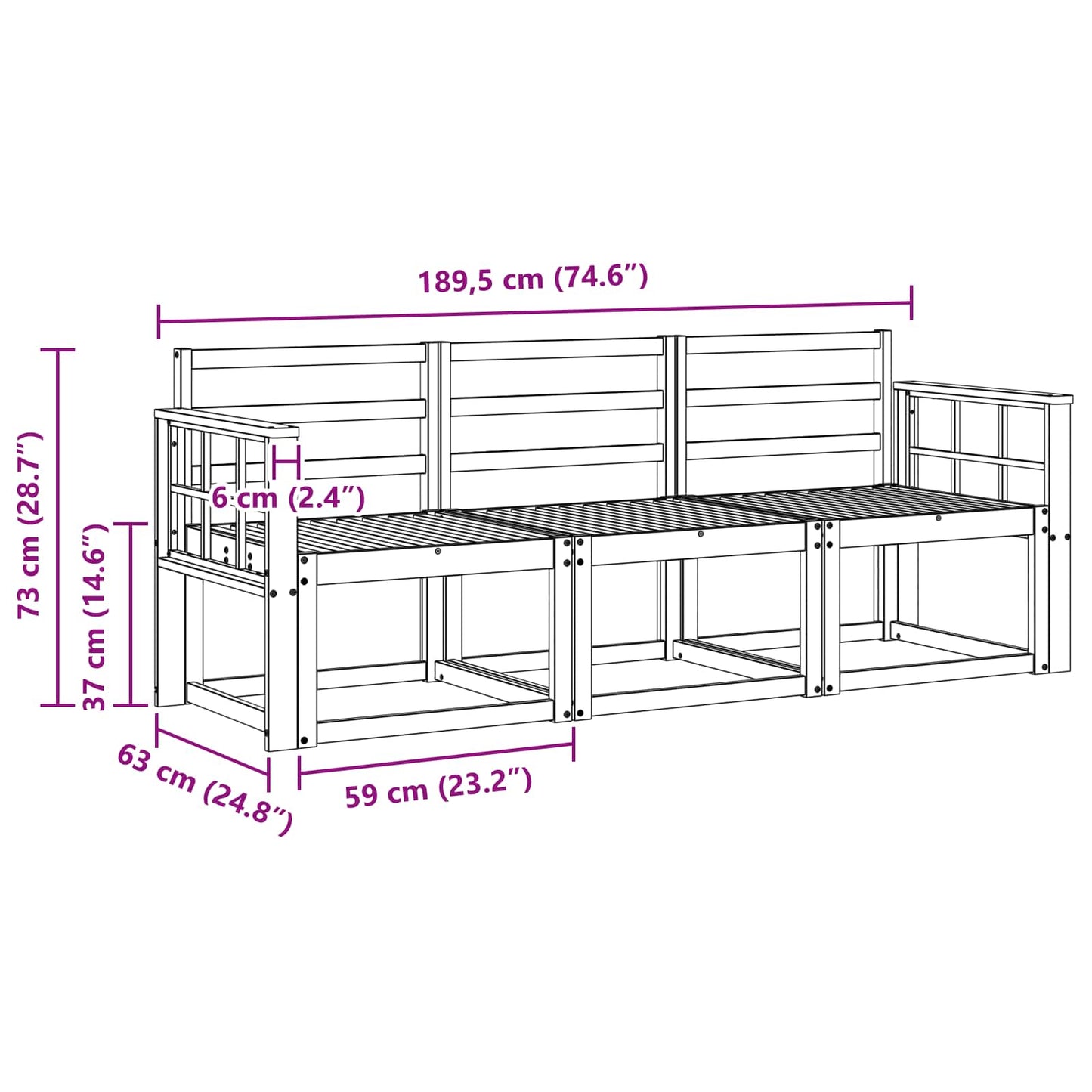 vidaXL Outdoor Sofa Set 3 pcs White 189.5 x 63 x 73 cm