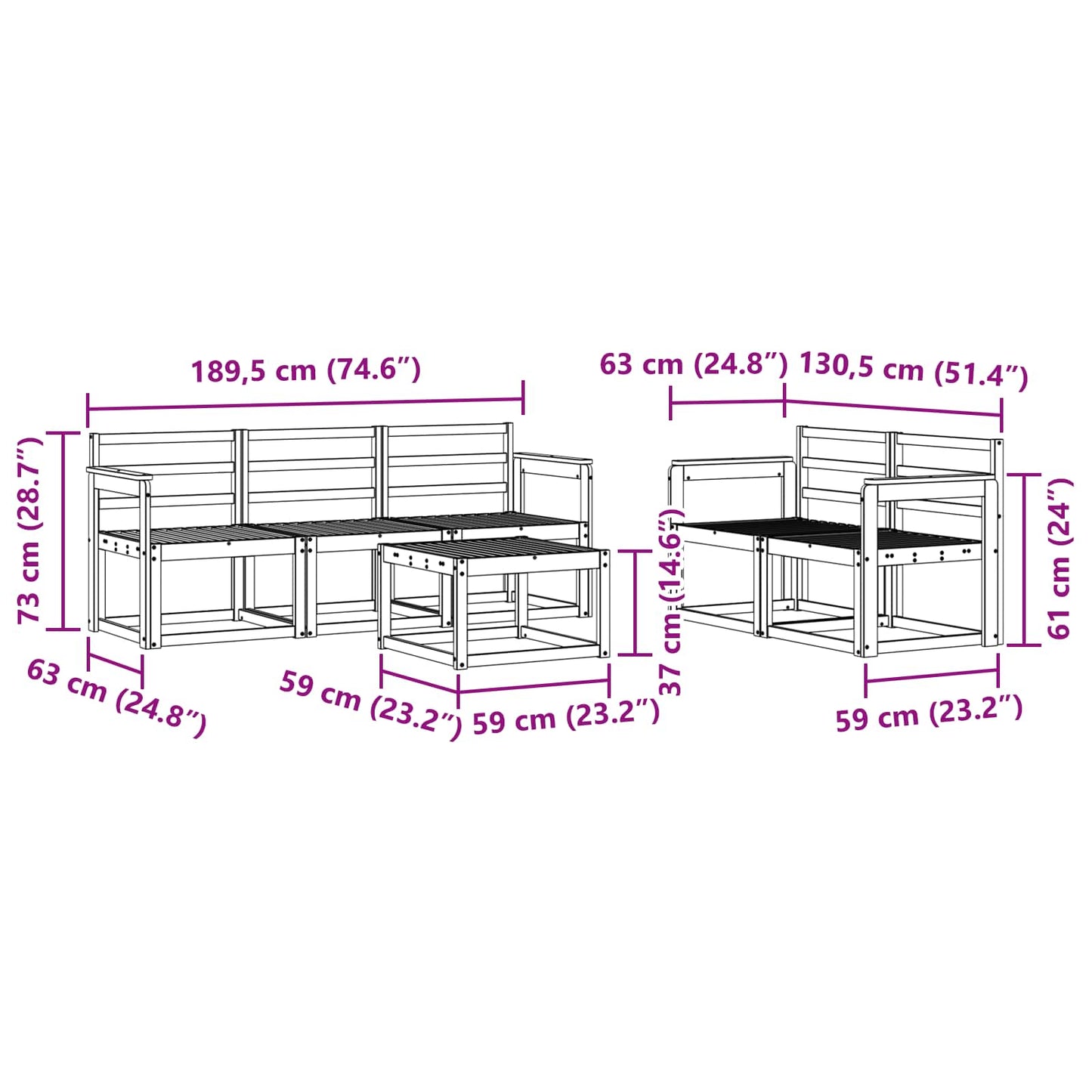 vidaXL Outdoor Sofa Set 6 pcs White 59 x 59 x 37 cm Solid Acacia Wood