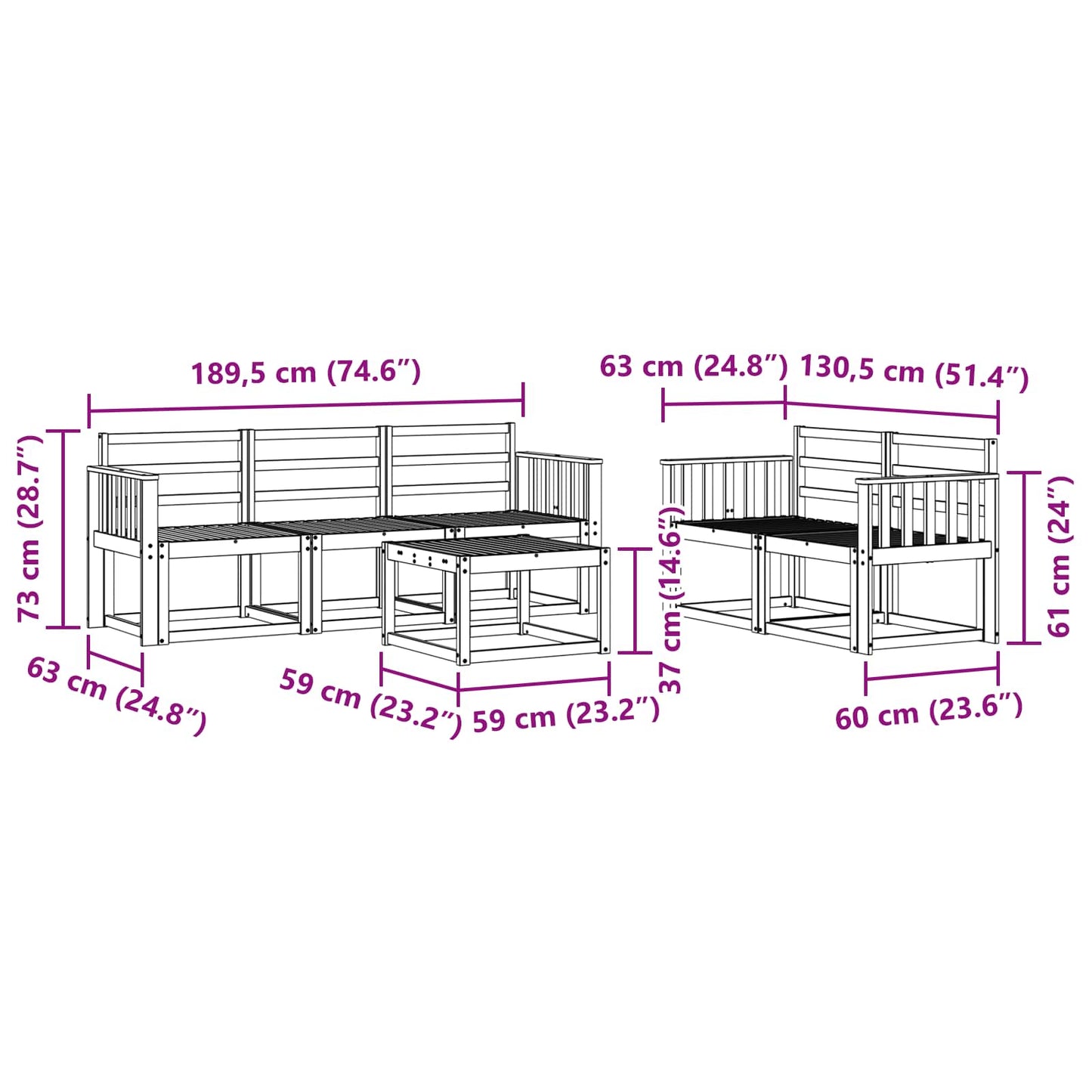vidaXL Outdoor Sofa Set 6 pcs White 59 x 59 x 37 cm Solid Acacia Wood