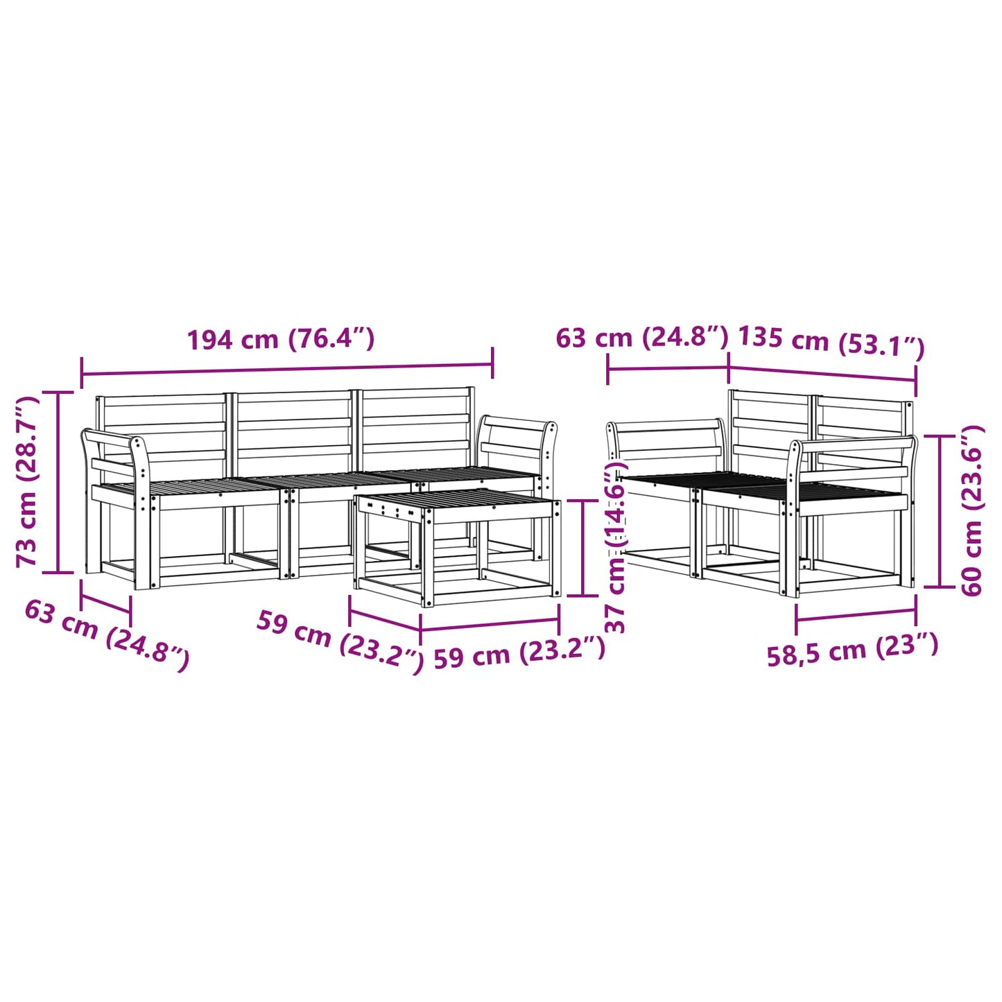 vidaXL Outdoor Sofa Set 6 pcs White 59 x 59 x 37 cm Solid Acacia Wood