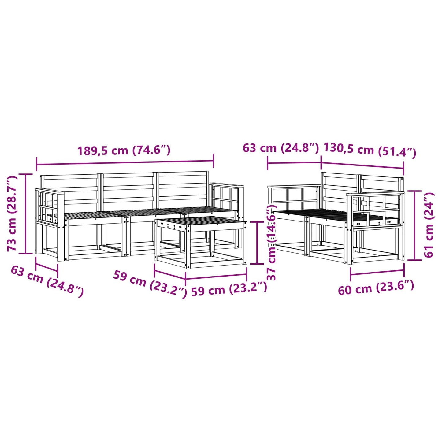 vidaXL Outdoor Sofa Set 6 pcs White 59 x 59 x 37 cm Solid Acacia Wood