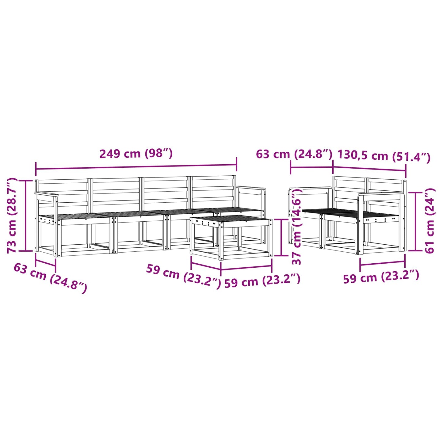vidaXL Outdoor Sofa Set 7 pcs White 59 x 59 x 37 cm Solid Acacia Wood