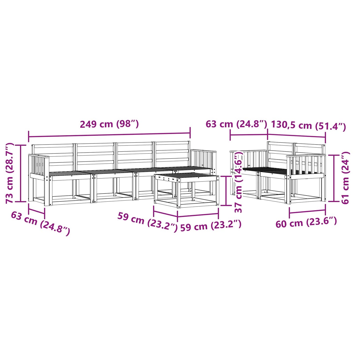 vidaXL Outdoor Sofa Set 7 pcs White 59 x 59 x 37 cm Solid Acacia Wood