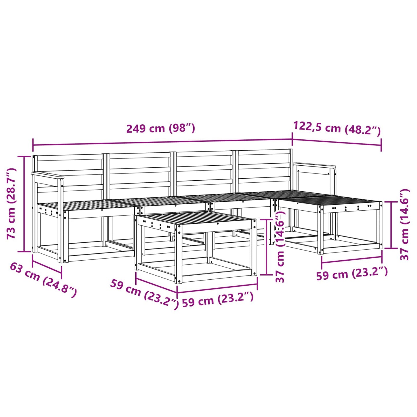 vidaXL Outdoor Sofa Set 6 pcs White 59 x 59 x 37 cm Solid Acacia Wood