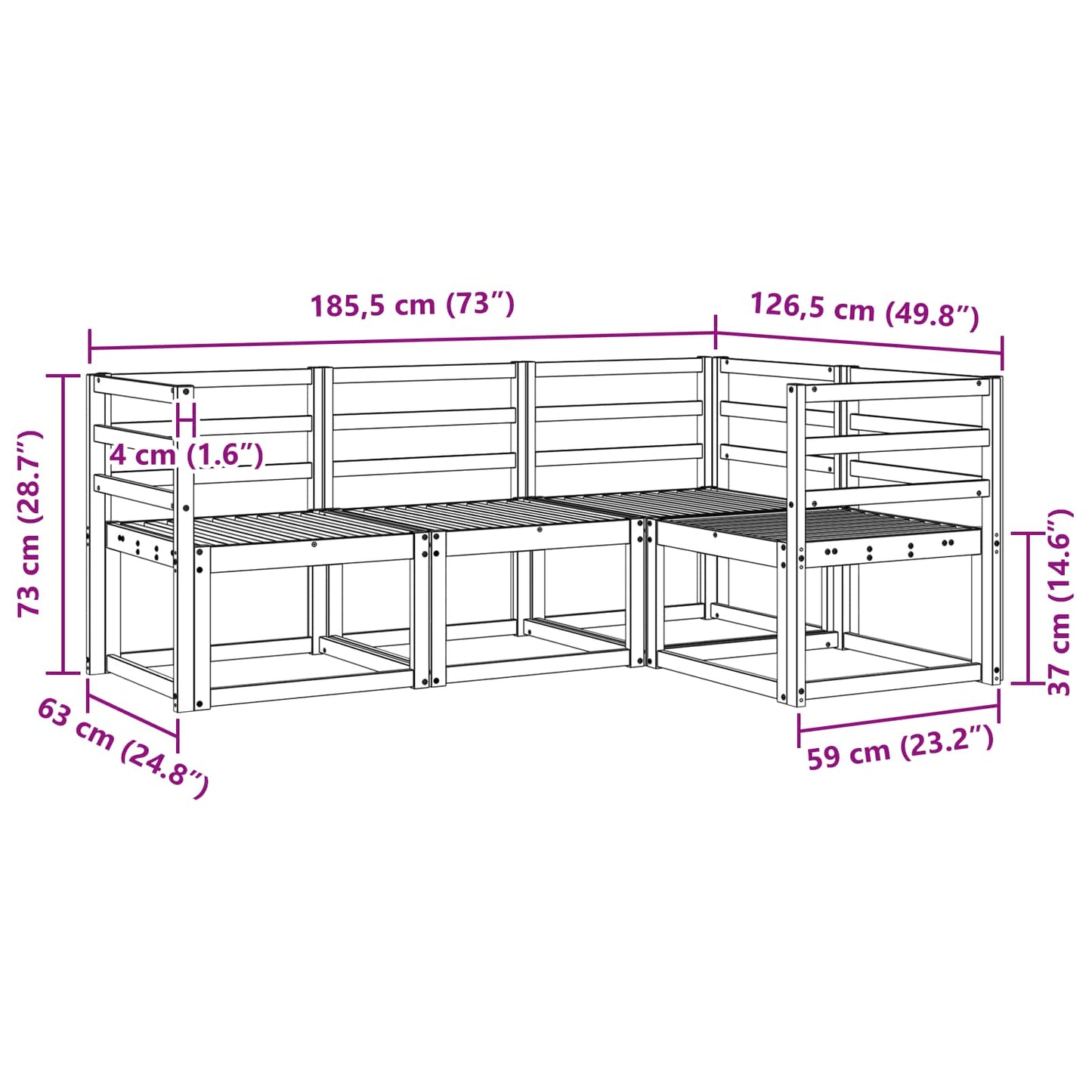 vidaXL Outdoor Sofa Set 4 pcs White 185.5 x 126.5 x 73 cm