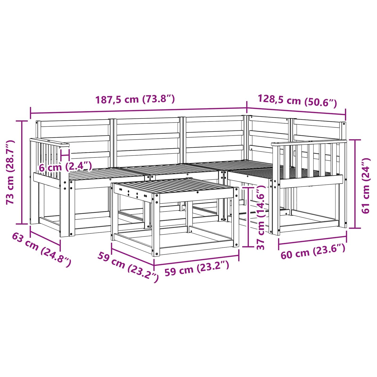 vidaXL Outdoor Sofa Set 5 pcs White 59 x 59 x 37 cm Solid Acacia Wood