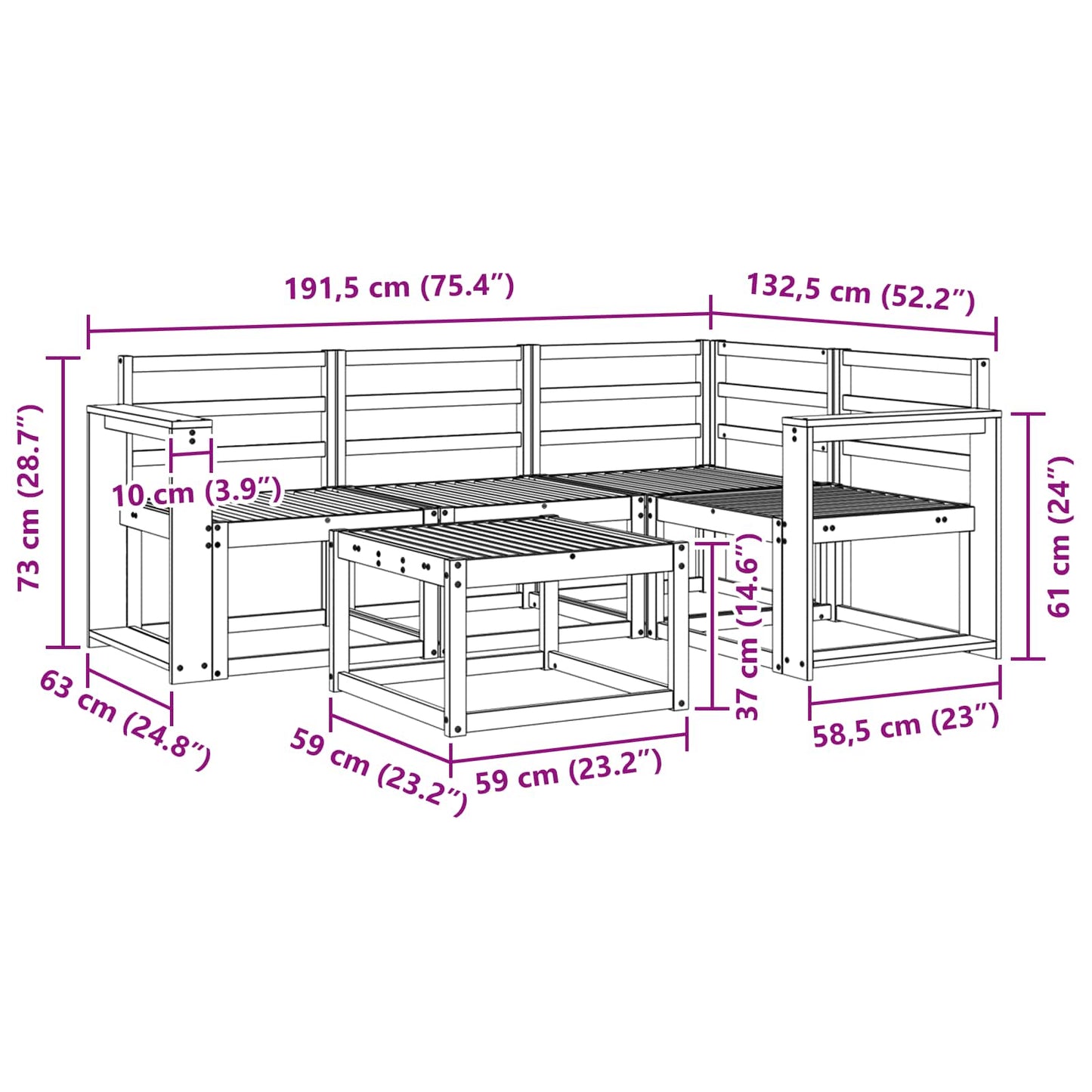 vidaXL Outdoor Sofa Set 5 pcs White 59 x 59 x 37 cm Solid Acacia Wood