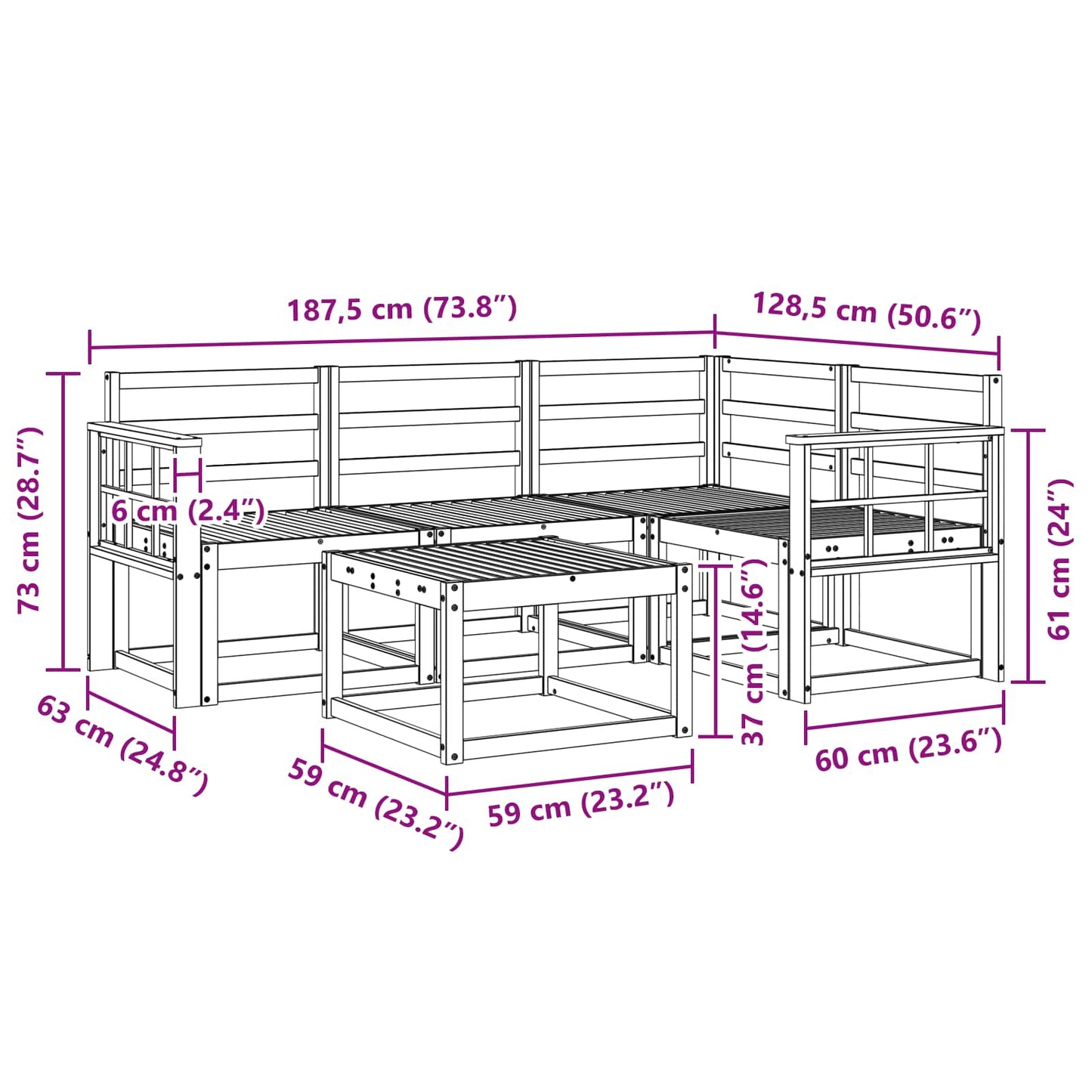 vidaXL Outdoor Sofa Set 5 pcs White 59 x 59 x 37 cm Solid Acacia Wood