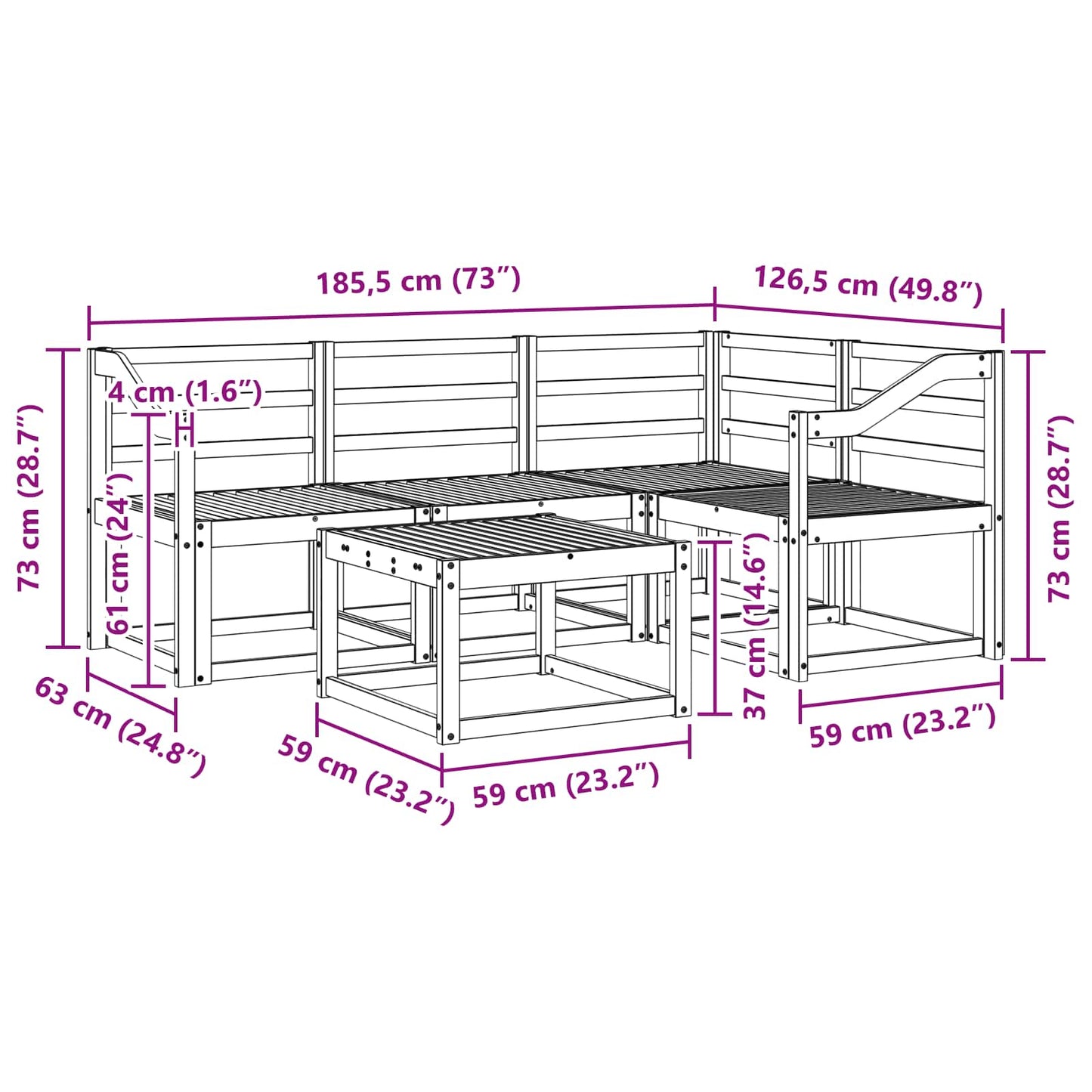 vidaXL Outdoor Sofa Set 5 pcs White 59 x 59 x 37 cm Solid Acacia Wood