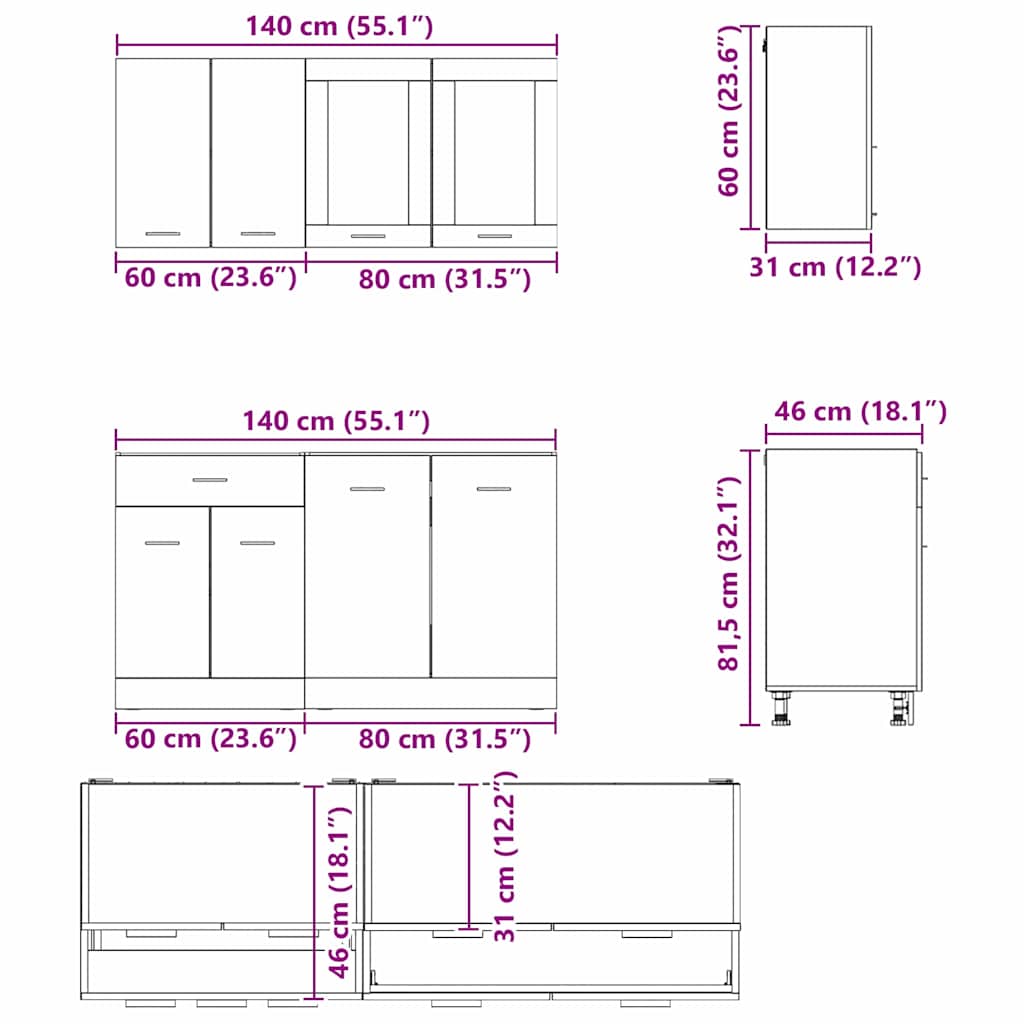 vidaXL Kitchen Unit Lyon 4 pcs Grey sonoma Engineered Wood