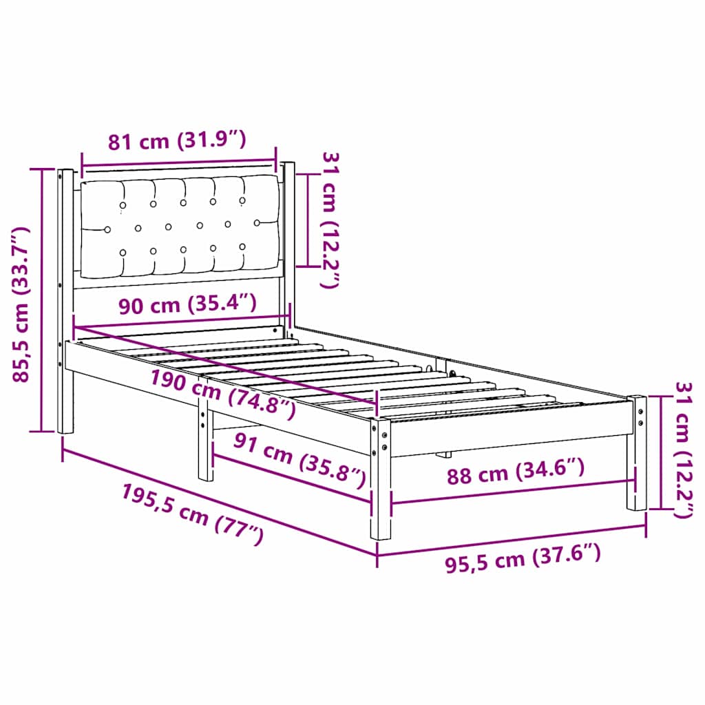 vidaXL Bed Frame with Headboard Light Grey 90 x 190 cm Solid Pine Wood