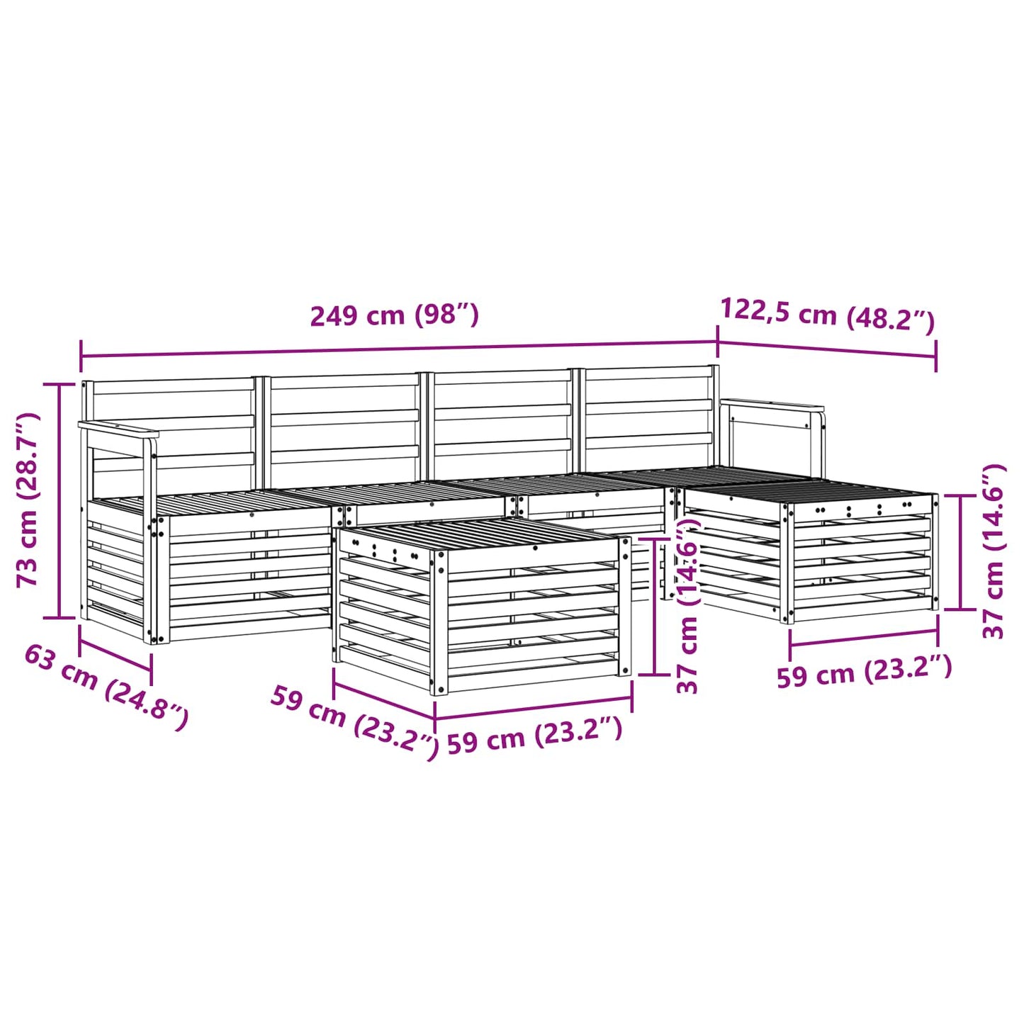 vidaXL Outdoor Sofa Set 6 pcs White 59 x 59 x 37 cm Solid Acacia Wood