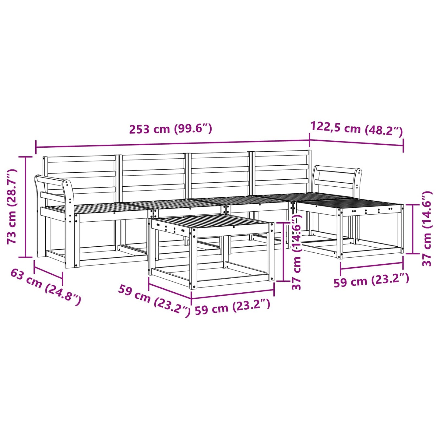 vidaXL Outdoor Sofa Set 6 pcs White 59 x 59 x 37 cm Solid Acacia Wood