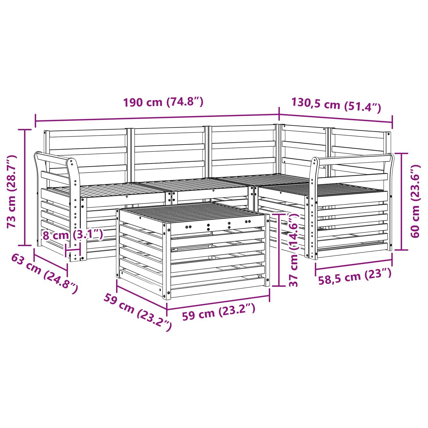 vidaXL Outdoor Sofa Set 5 pcs White 59 x 59 x 37 cm Solid Acacia Wood