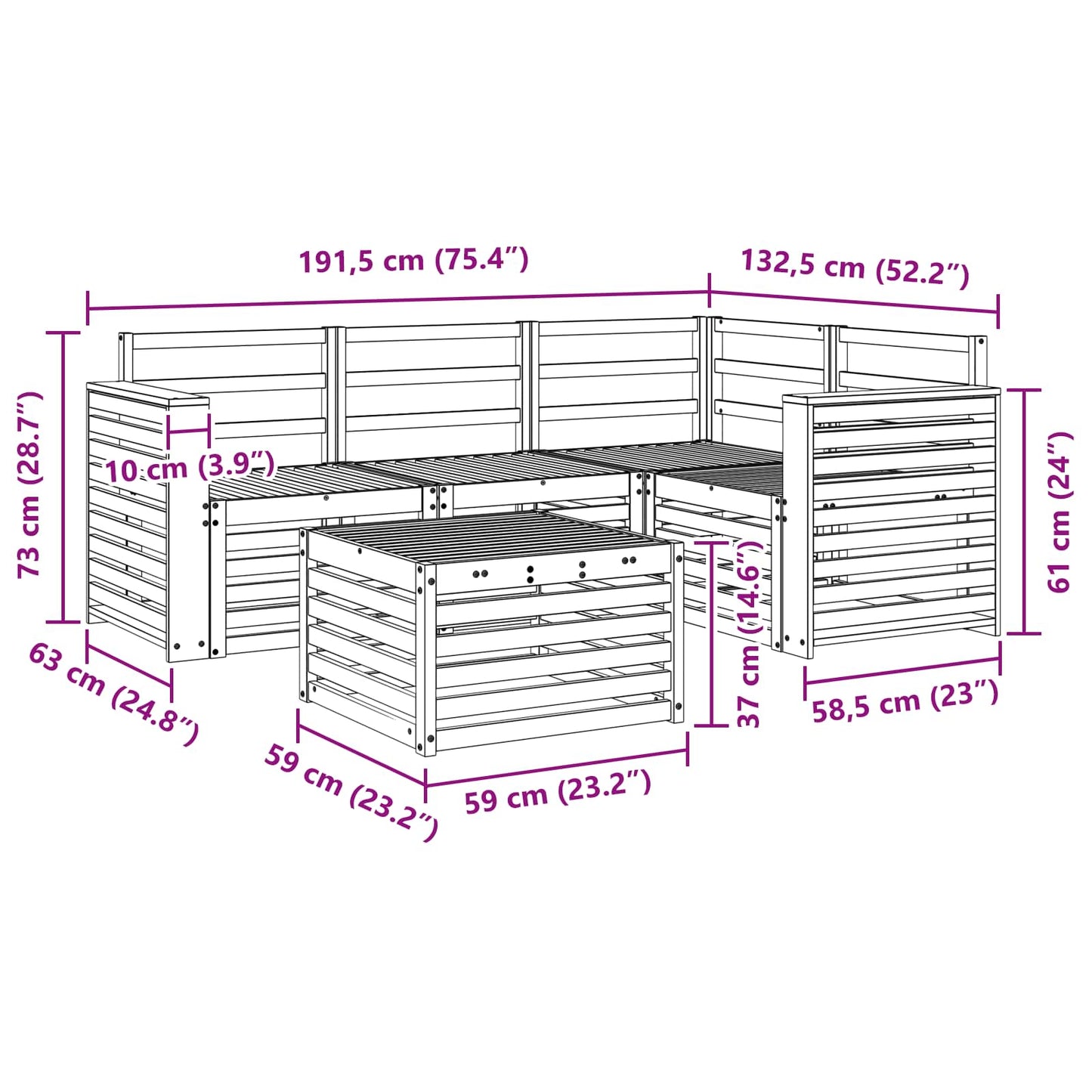 vidaXL Outdoor Sofa Set 5 pcs White 59 x 59 x 37 cm Solid Acacia Wood