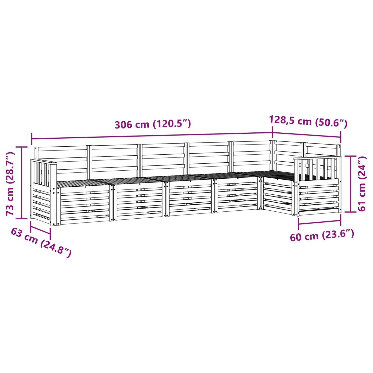 vidaXL Outdoor Sofa Set 6 pcs White 306 x 128.5 x 73 cm