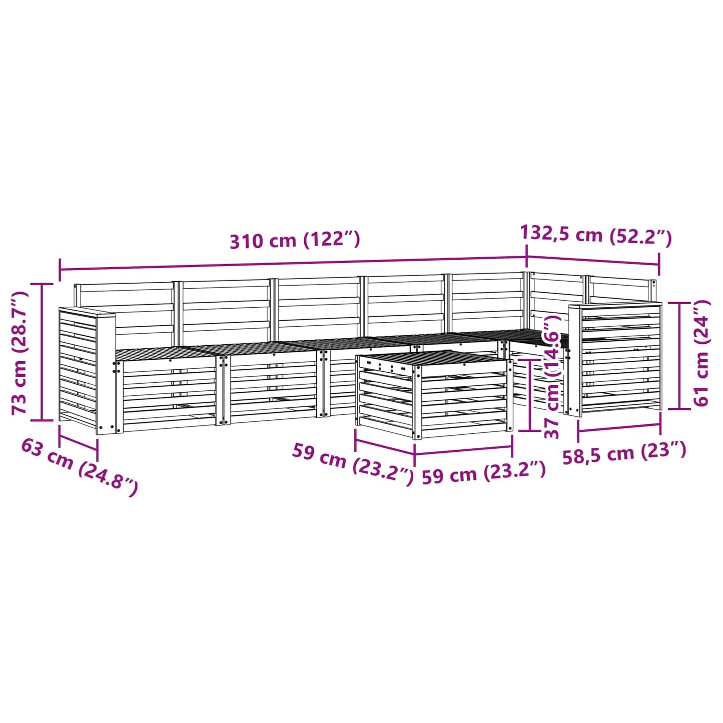 vidaXL Outdoor Sofa Set 7 pcs White 59 x 59 x 37 cm Solid Acacia Wood
