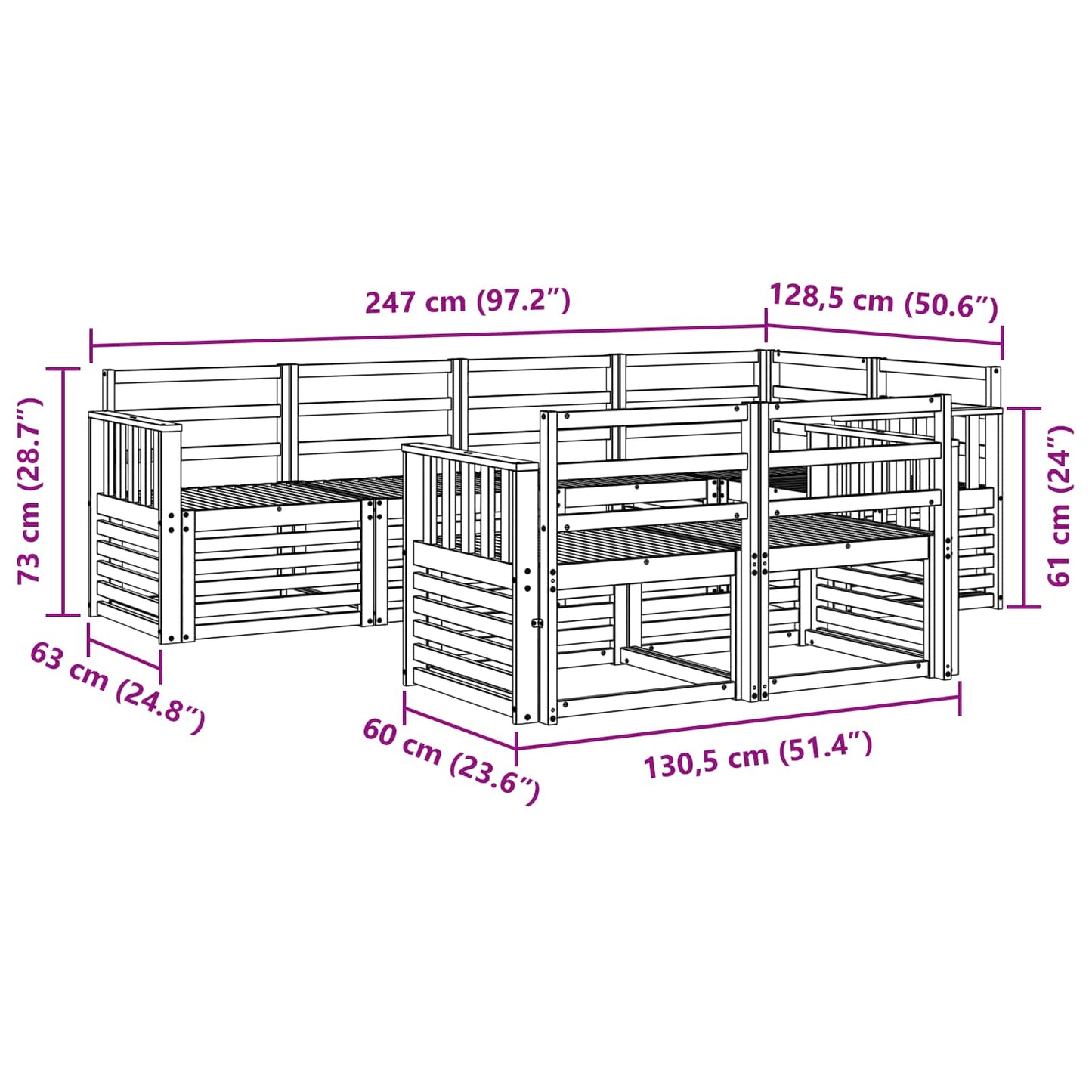 vidaXL Outdoor Sofa Set 7 pcs White 247 x 128.5 x 73 cm