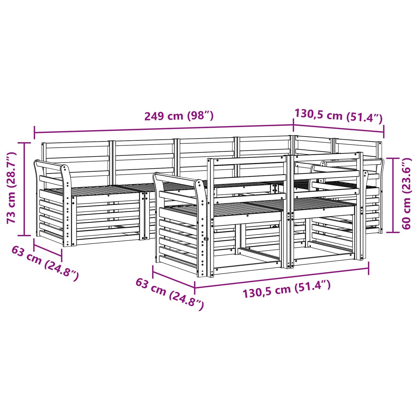 vidaXL Outdoor Sofa Set 7 pcs White 249 x 130.5 x 73 cm