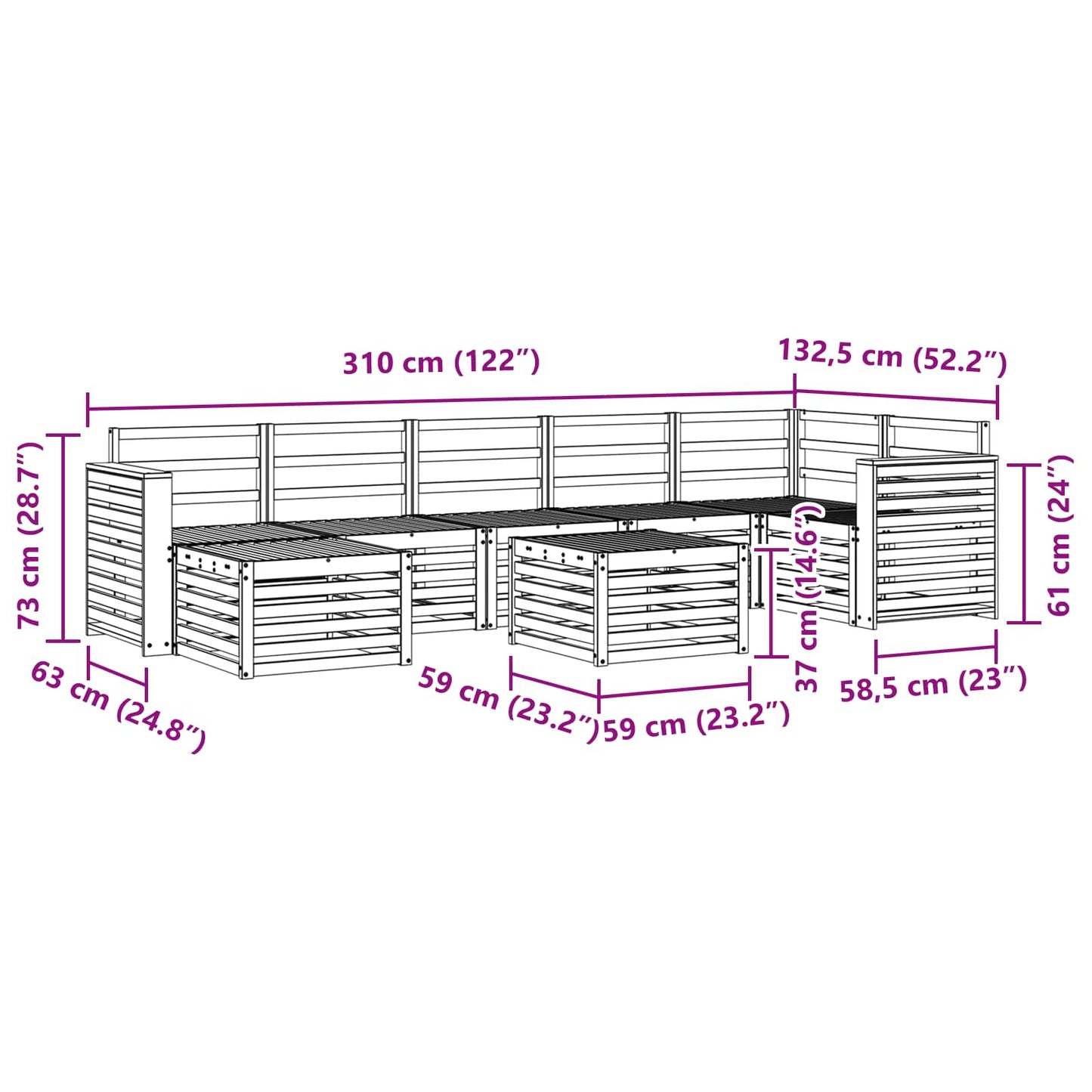 vidaXL Outdoor Sofa Set 8 pcs White 59 x 59 x 37 cm Solid Acacia Wood