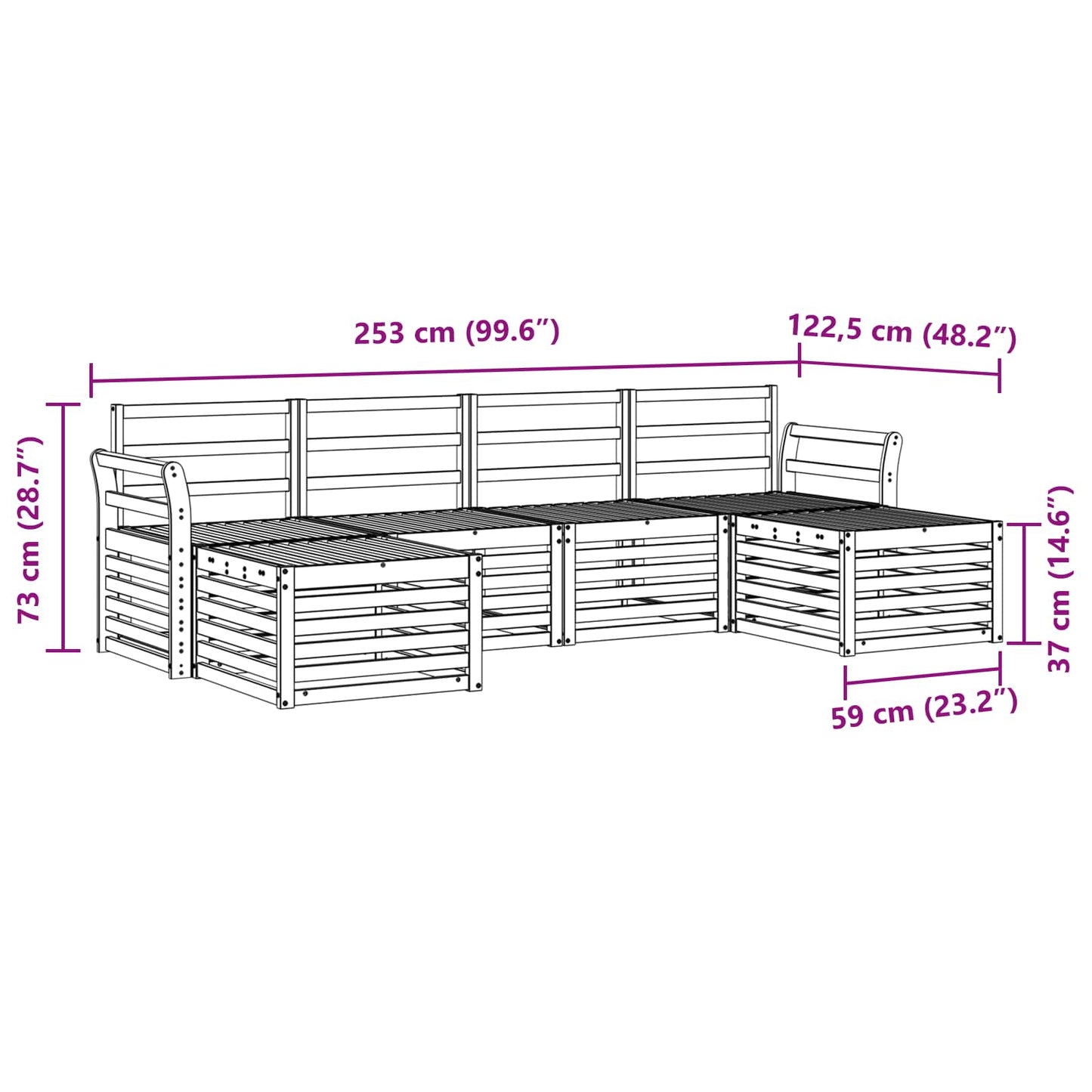 vidaXL Outdoor Sofa Set 6 pcs White 253 x 122.5 x 73 cm