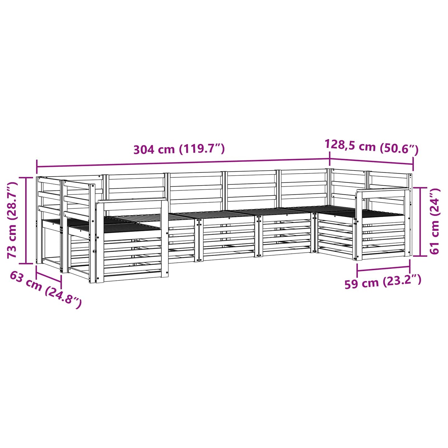 vidaXL Outdoor Sofa Set 7 pcs White 304 x 128.5 x 73 cm