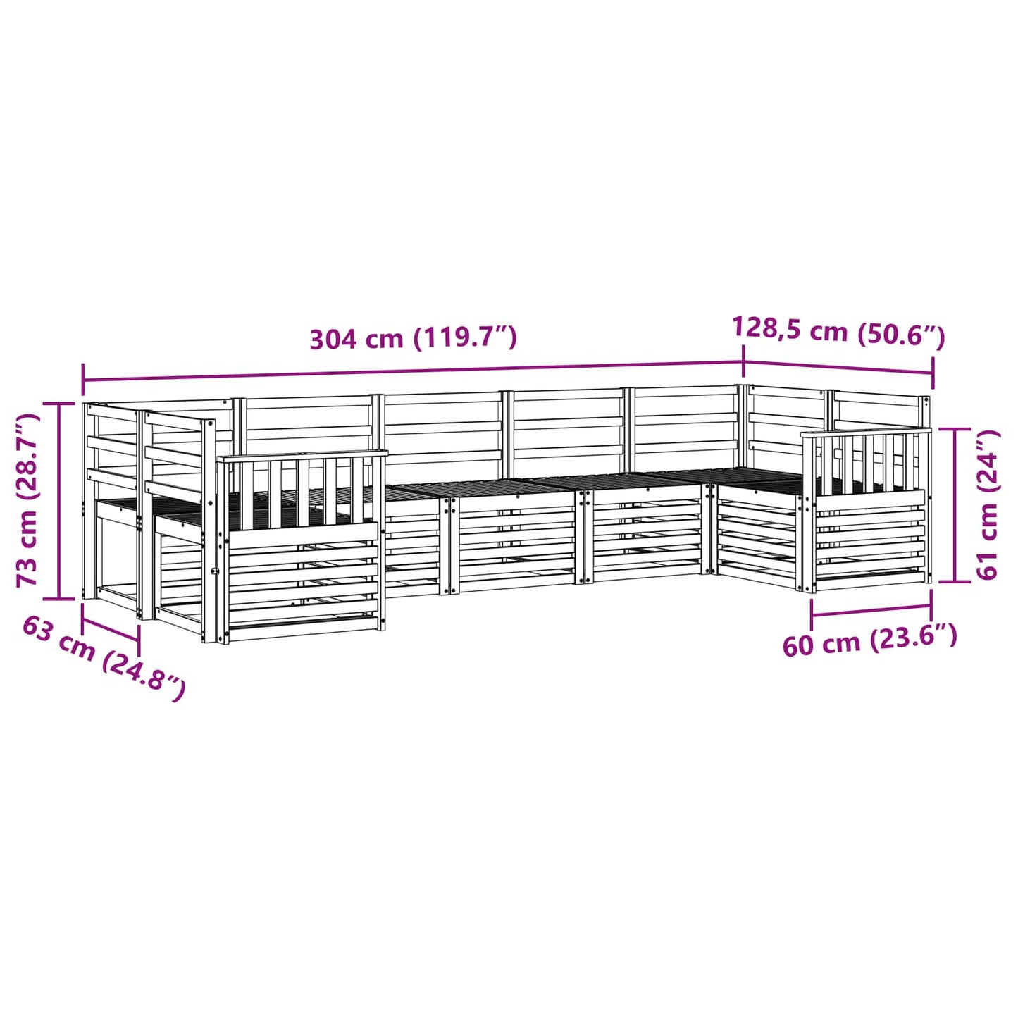 vidaXL Outdoor Sofa Set 7 pcs White 304 x 128.5 x 73 cm