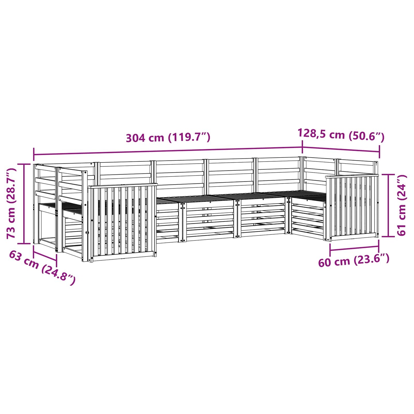 vidaXL Outdoor Sofa Set 7 pcs White 304 x 128.5 x 73 cm