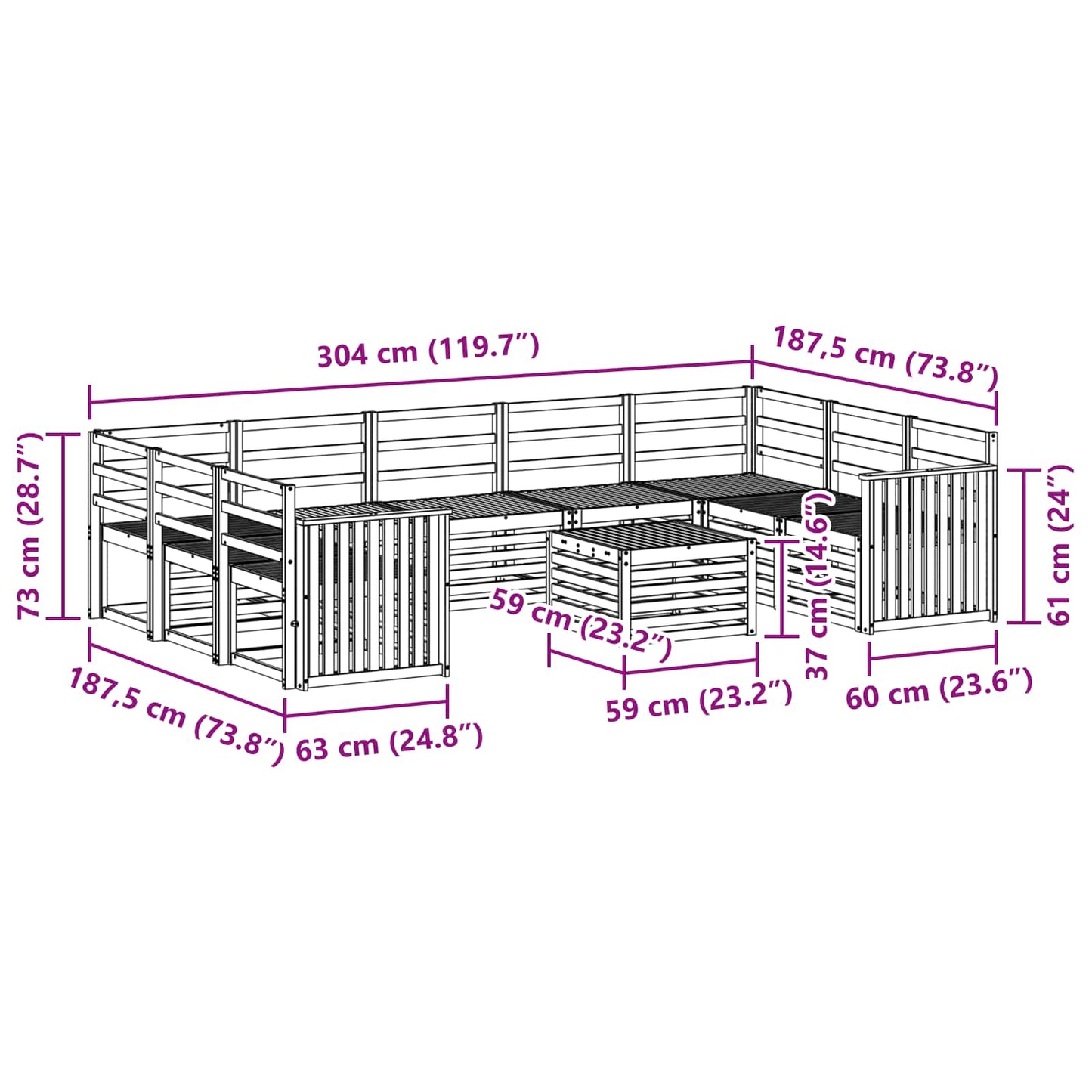 vidaXL Outdoor Sofa Set 10 pcs White 59 x 59 x 37 cm Solid Acacia Wood