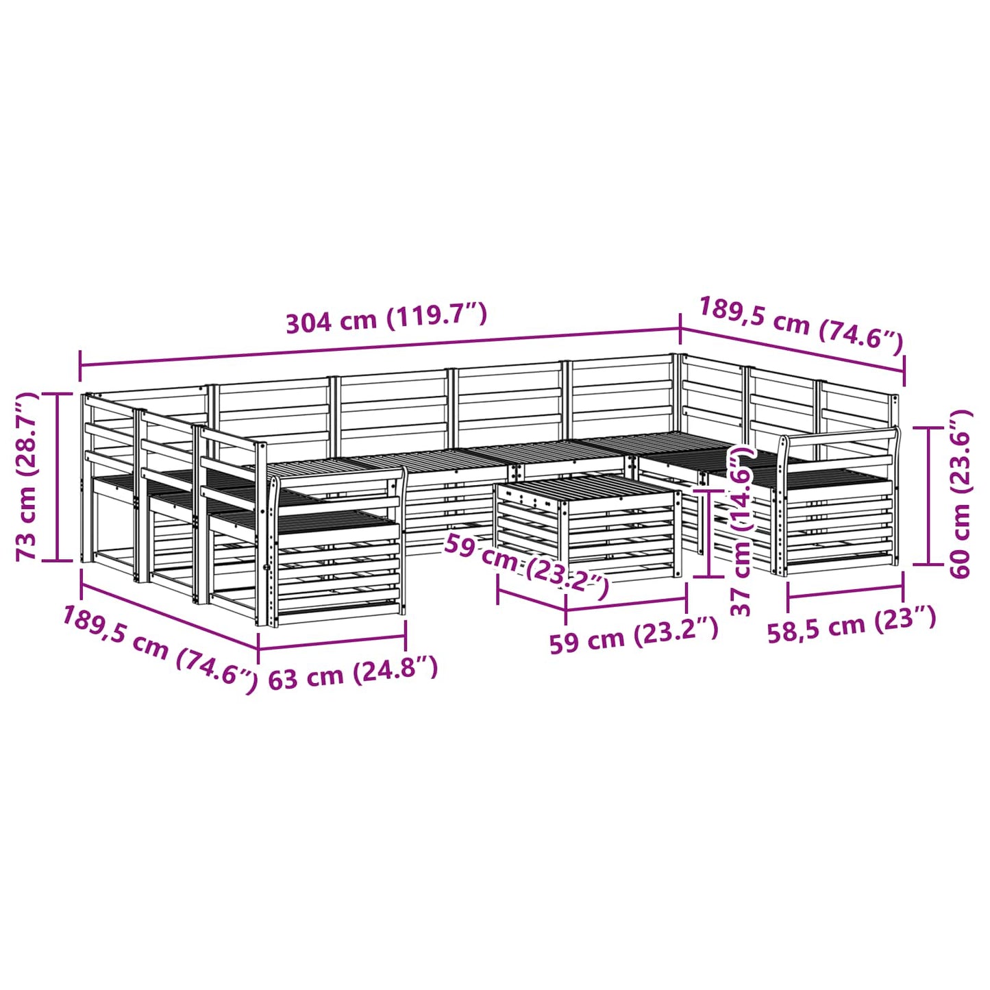 vidaXL Outdoor Sofa Set 10 pcs White 59 x 59 x 37 cm Solid Acacia Wood