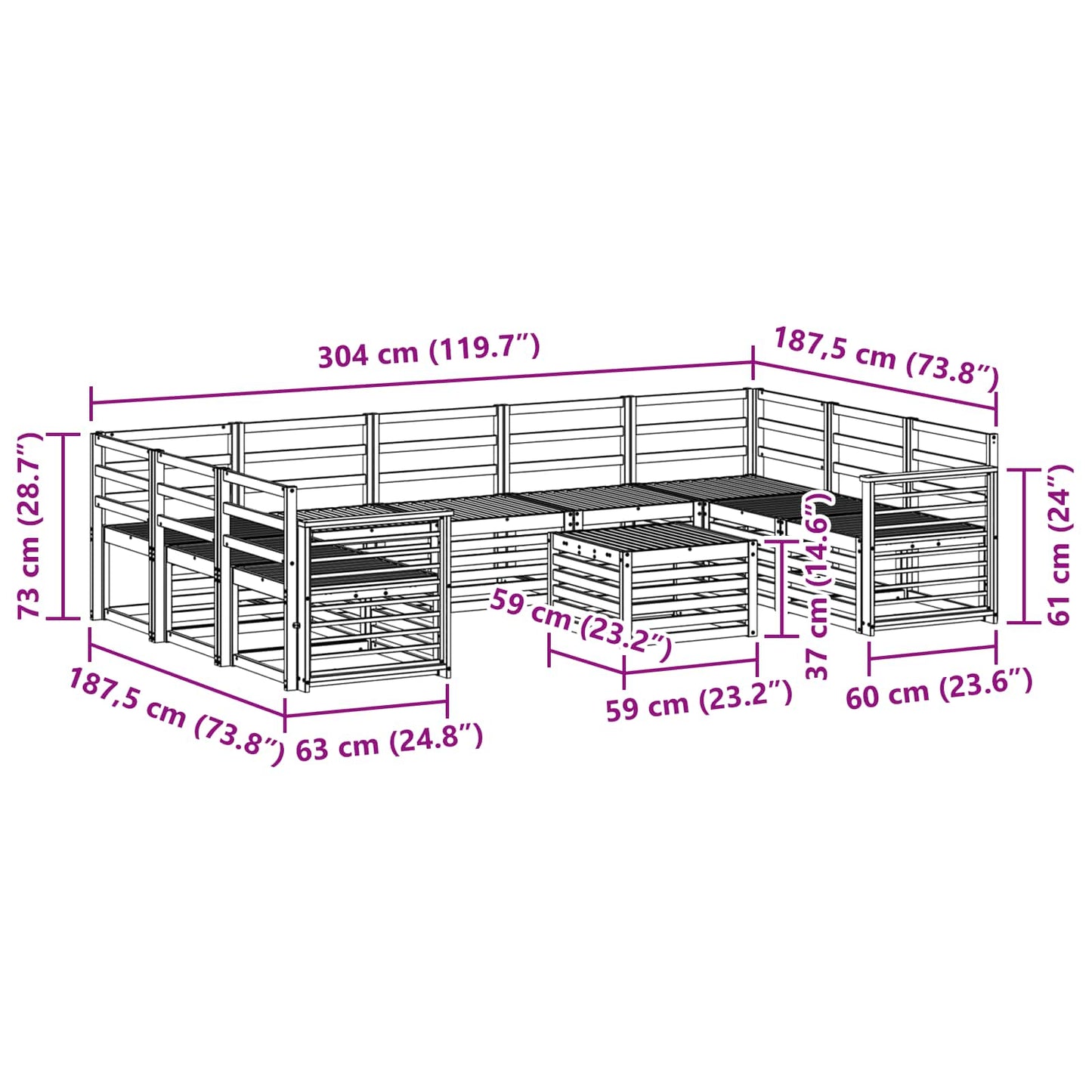 vidaXL Outdoor Sofa Set 10 pcs White 59 x 59 x 37 cm Solid Acacia Wood