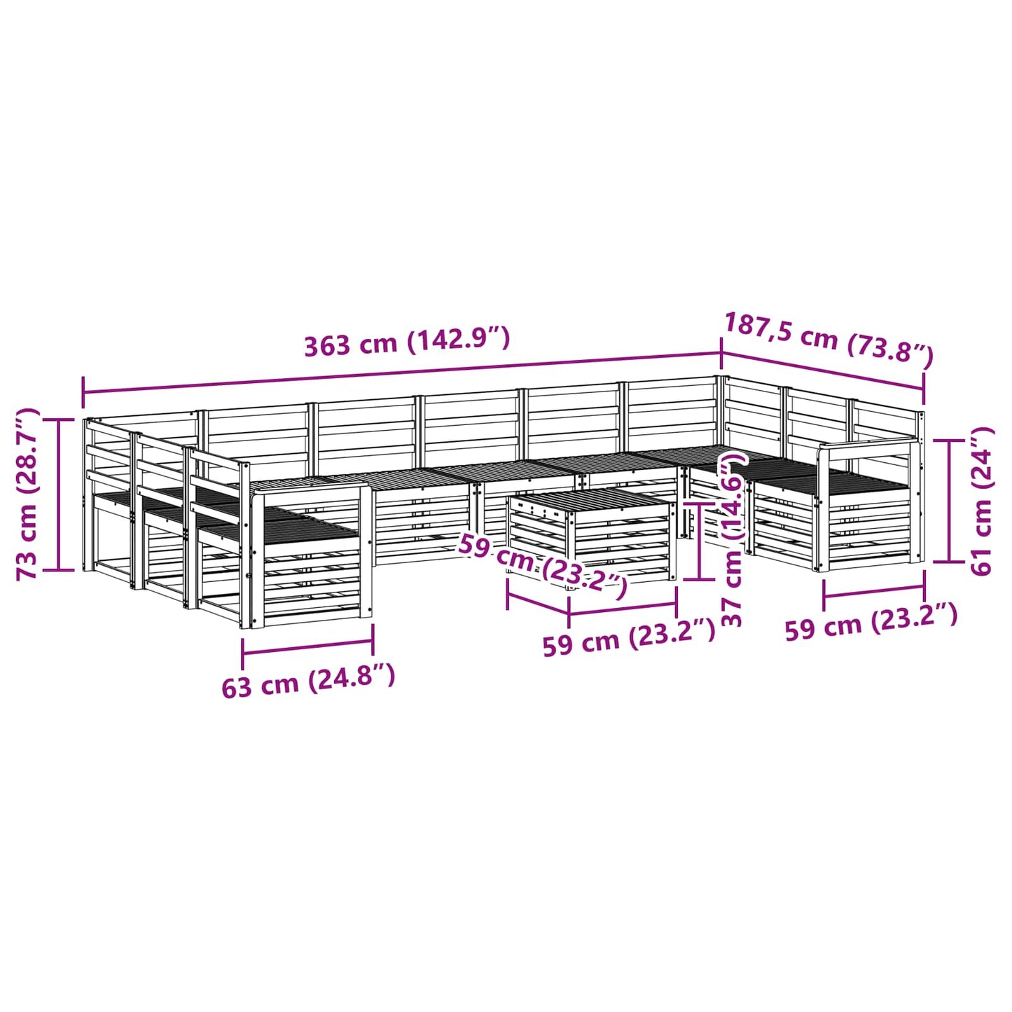vidaXL Outdoor Sofa Set 11 pcs White 59 x 59 x 37 cm Solid Acacia Wood