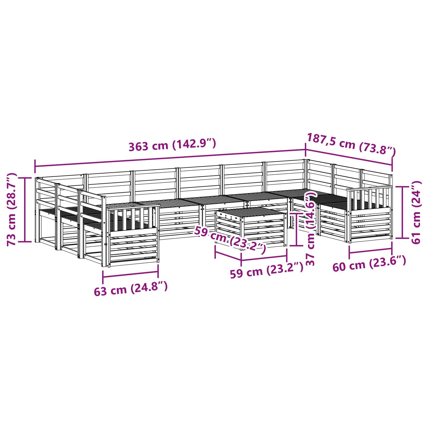 vidaXL Outdoor Sofa Set 11 pcs White 59 x 59 x 37 cm Solid Acacia Wood