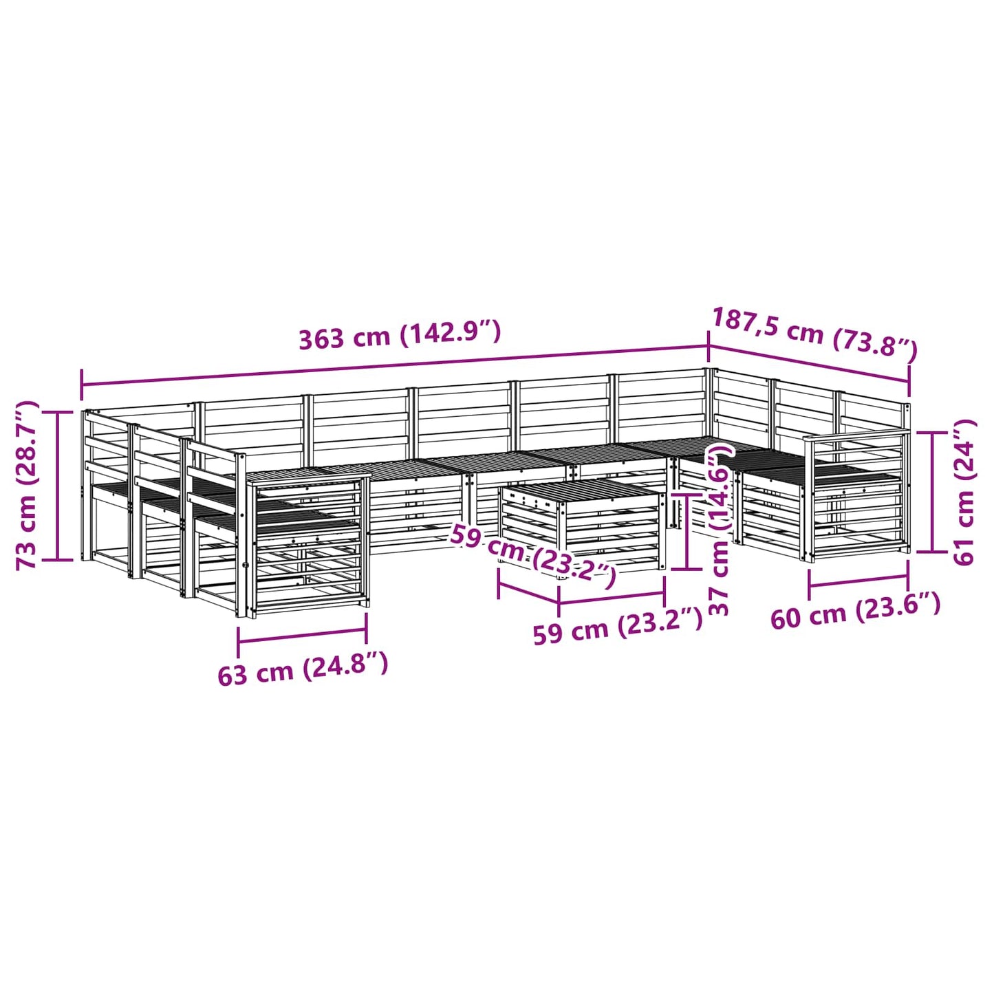 vidaXL Outdoor Sofa Set 11 pcs White 59 x 59 x 37 cm Solid Acacia Wood