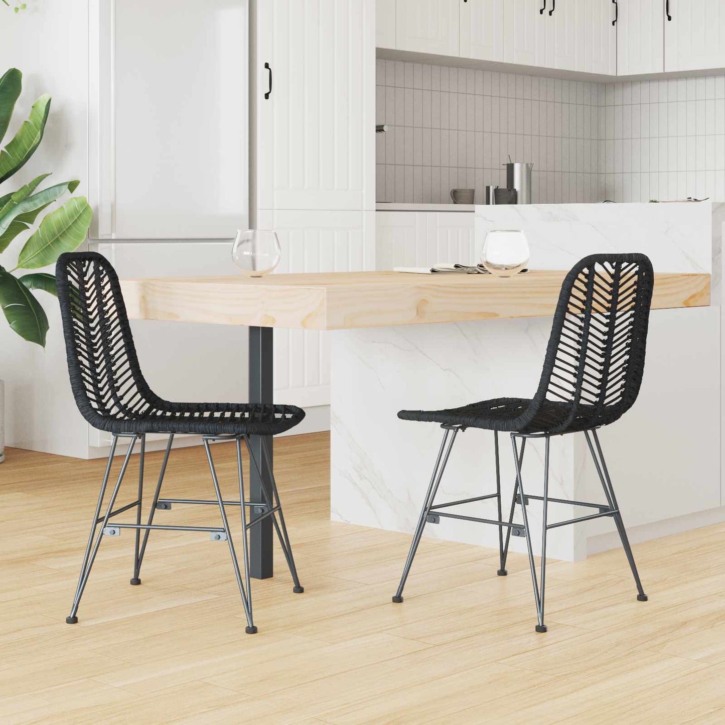 vidaXL Dining Chair 2 pcs Rattan and Iron Black 44.5 x 54.5 x 85 cm