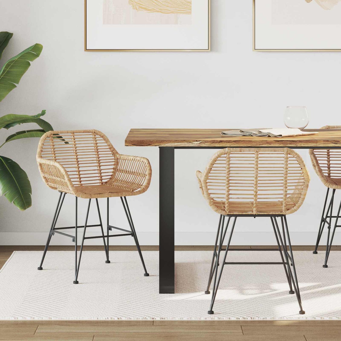 vidaXL Dining Chair 2 pcs Rattan and Iron Natural 55 x 50 x 74 cm