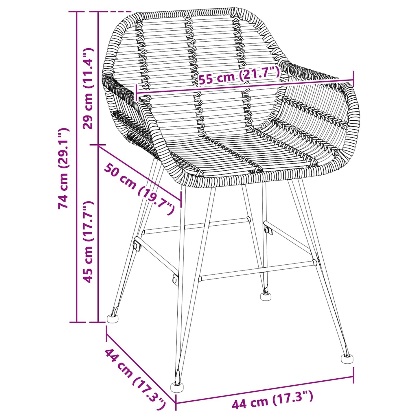 vidaXL Dining Chair 2 pcs Rattan and Iron Natural 55 x 50 x 74 cm