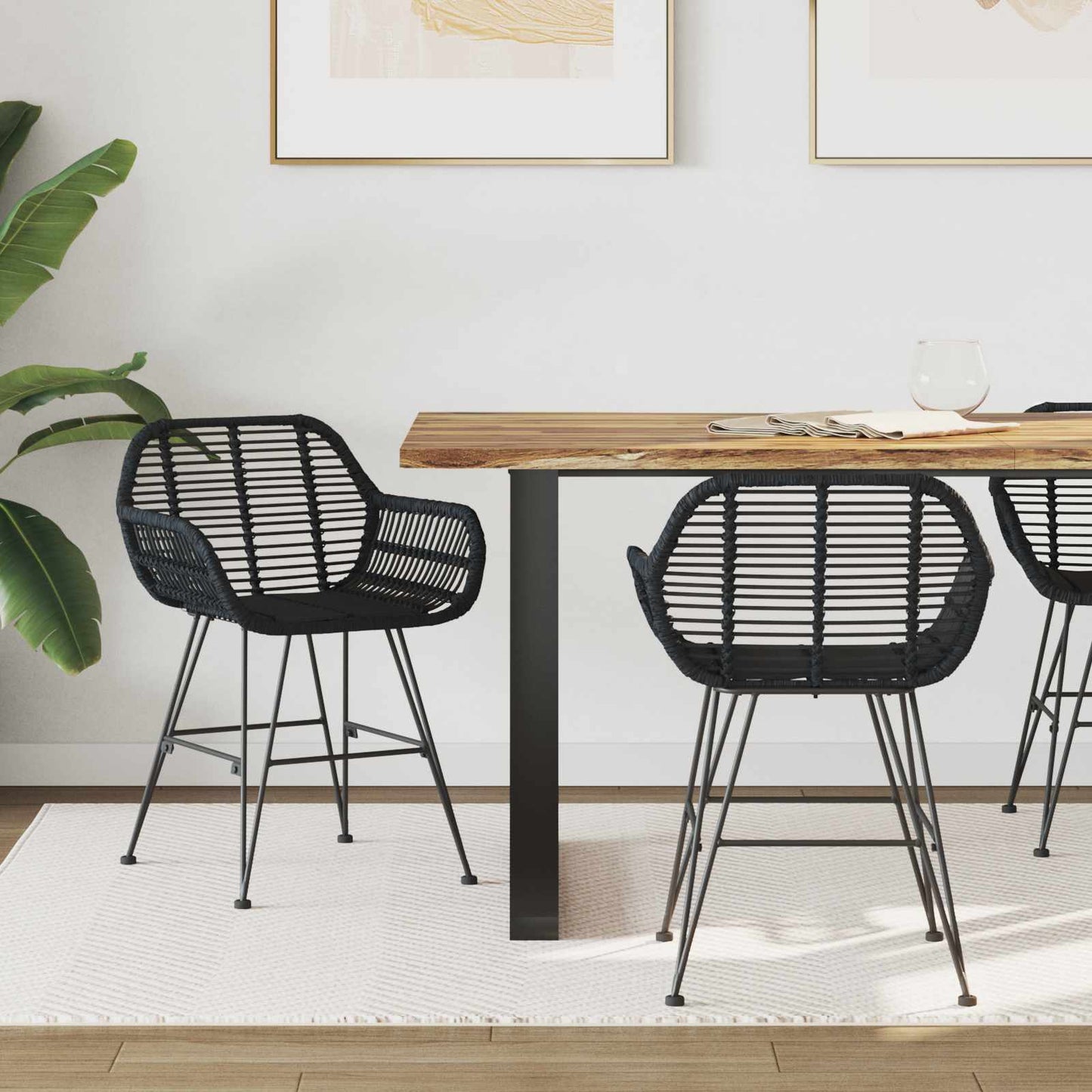 vidaXL Dining Chair 2 pcs Rattan and Iron Black 55 x 50 x 74 cm