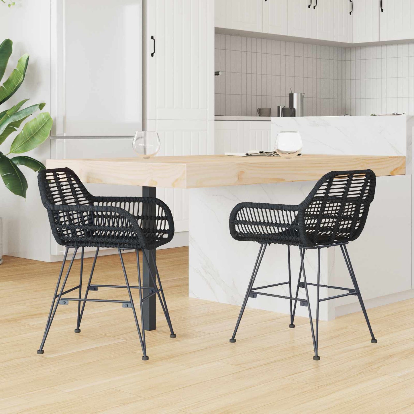 vidaXL Dining Chair 2 pcs Rattan and Iron Black 55 x 50 x 74 cm