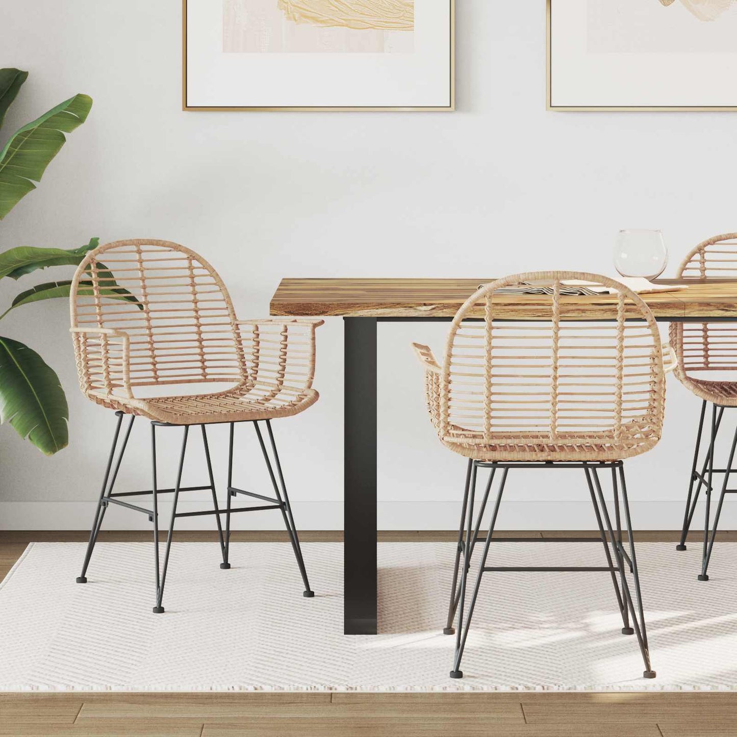 vidaXL Dining Chair 2 pcs Rattan and Iron Natural 57 x 55 x 85 cm