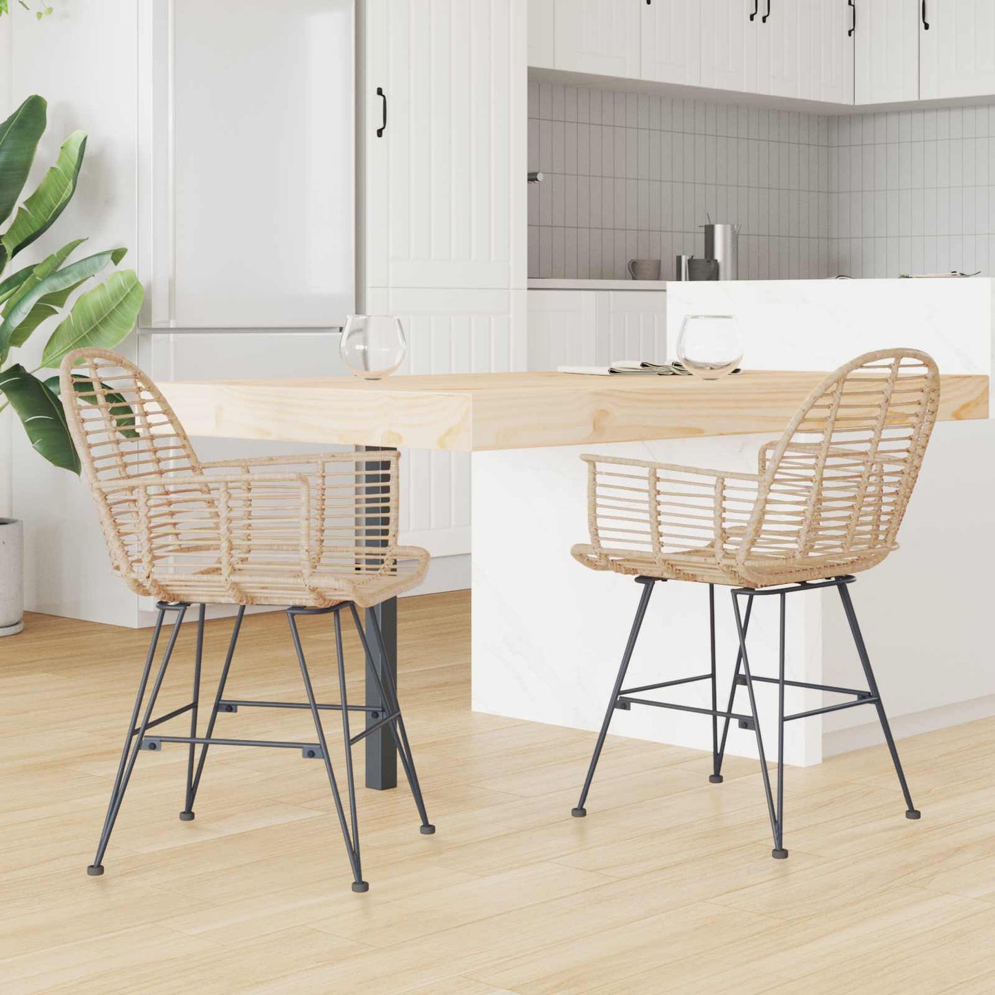 vidaXL Dining Chair 2 pcs Rattan and Iron Natural 57 x 55 x 85 cm