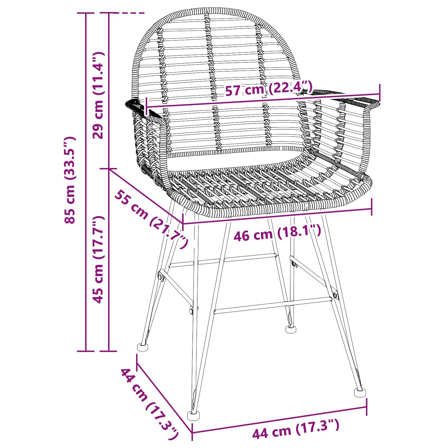 vidaXL Dining Chair 2 pcs Rattan and Iron Natural 57 x 55 x 85 cm