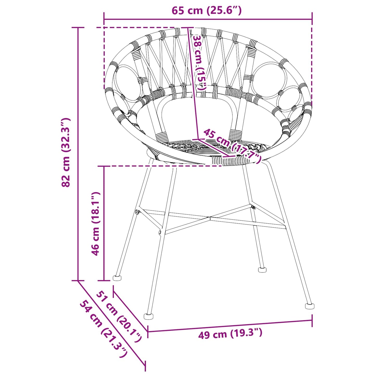 vidaXL Dining Chair 2 pcs Rattan and Iron Natural 54 x 65 x 82 cm