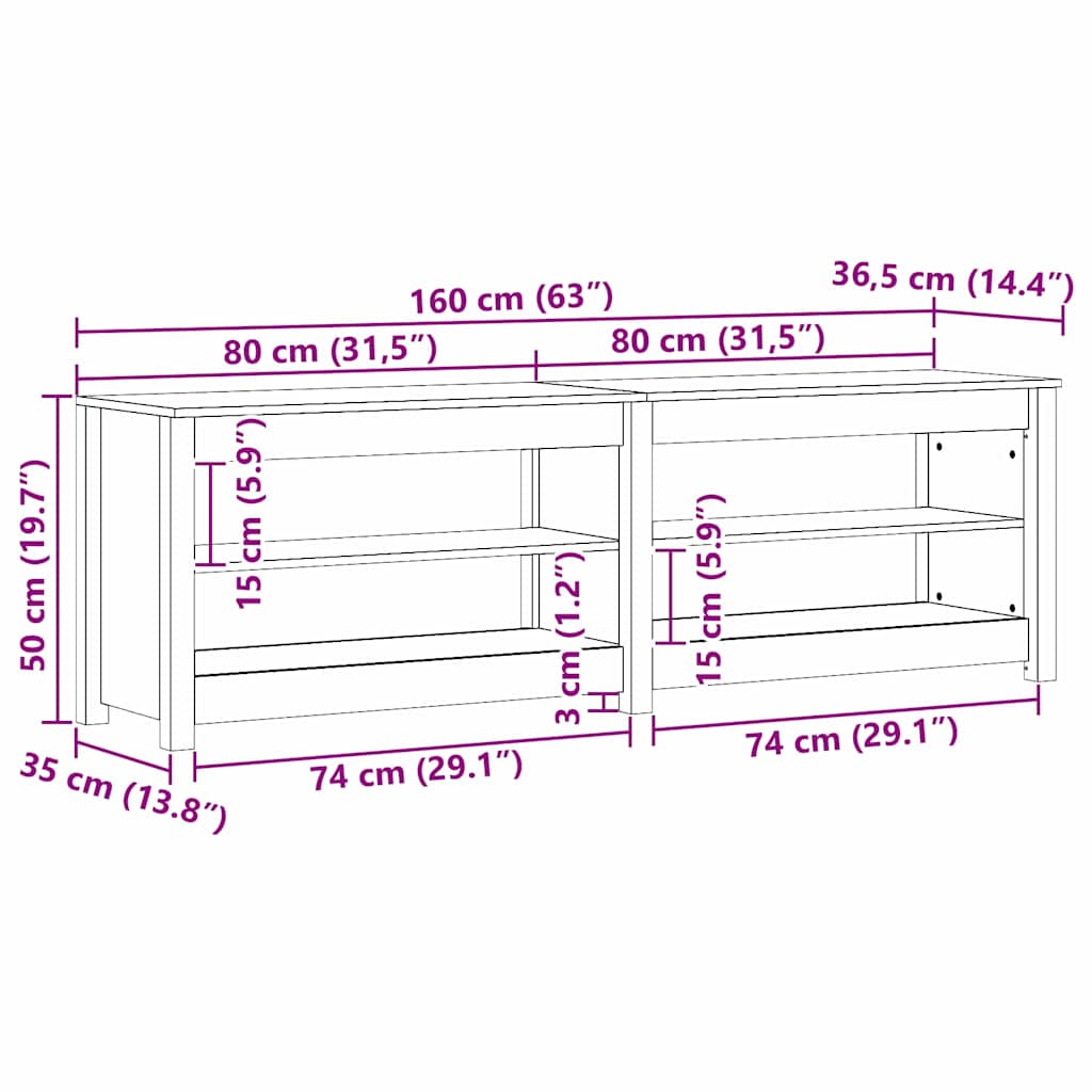 vidaXL Shoe Bench with Shelf with Storage Wax Brown 160 x 36.5 x 50 cm