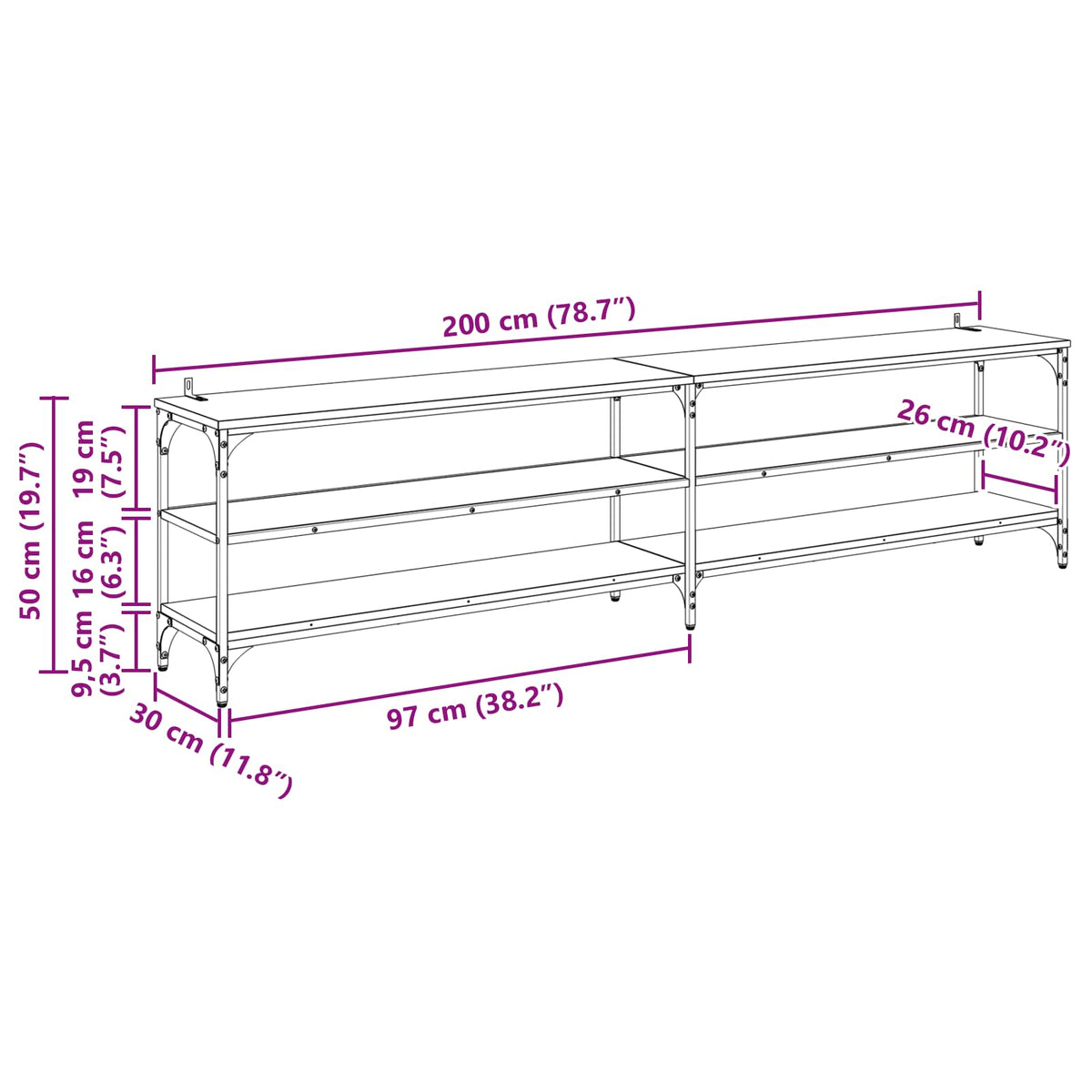 vidaXL TV Cabinet 200 x 30 x 50 cm Old Wood Engineered Wood and Iron