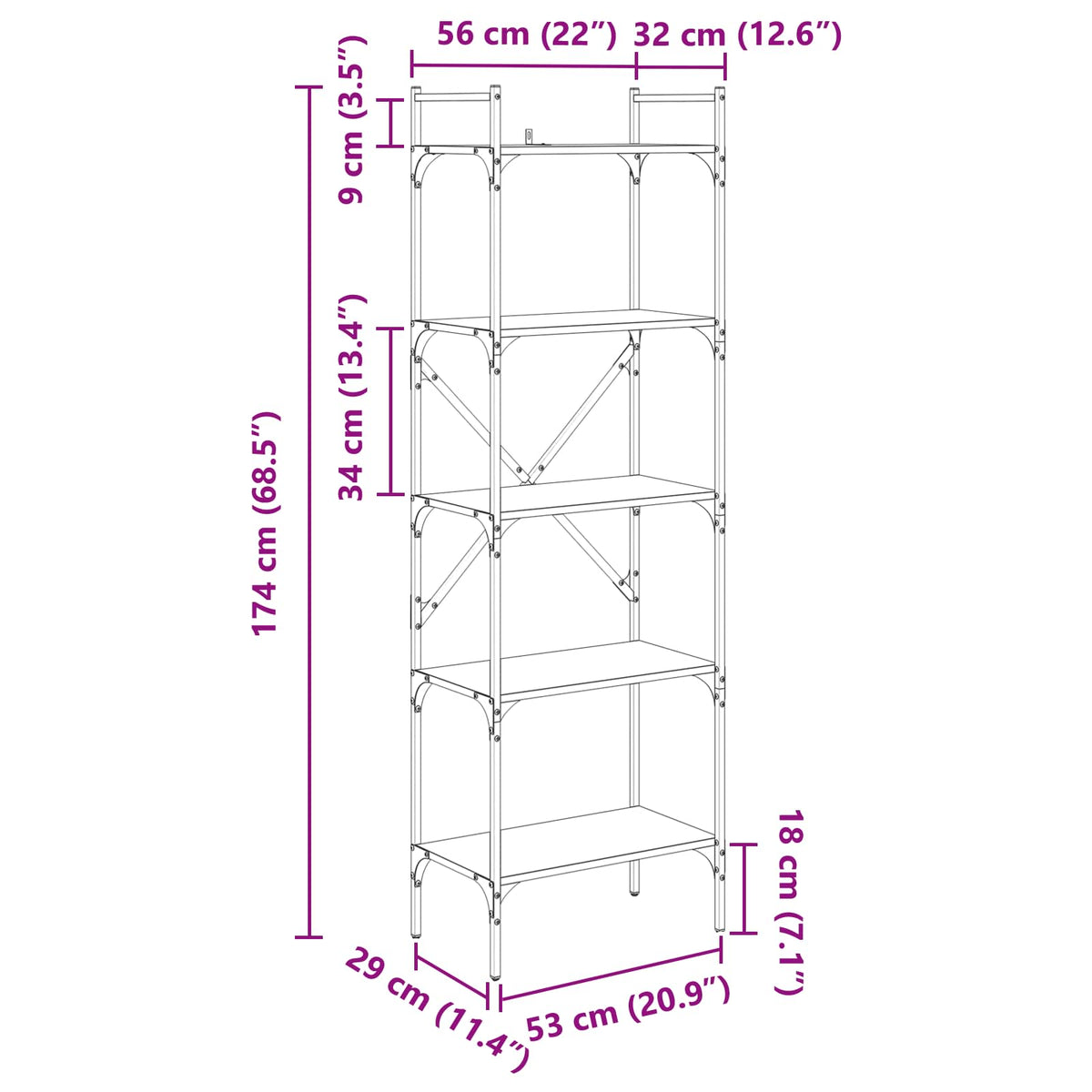 vidaXL Bookcase 5-Tier 56 x 32 x 174 cm Engineered Wood Artisan Oak