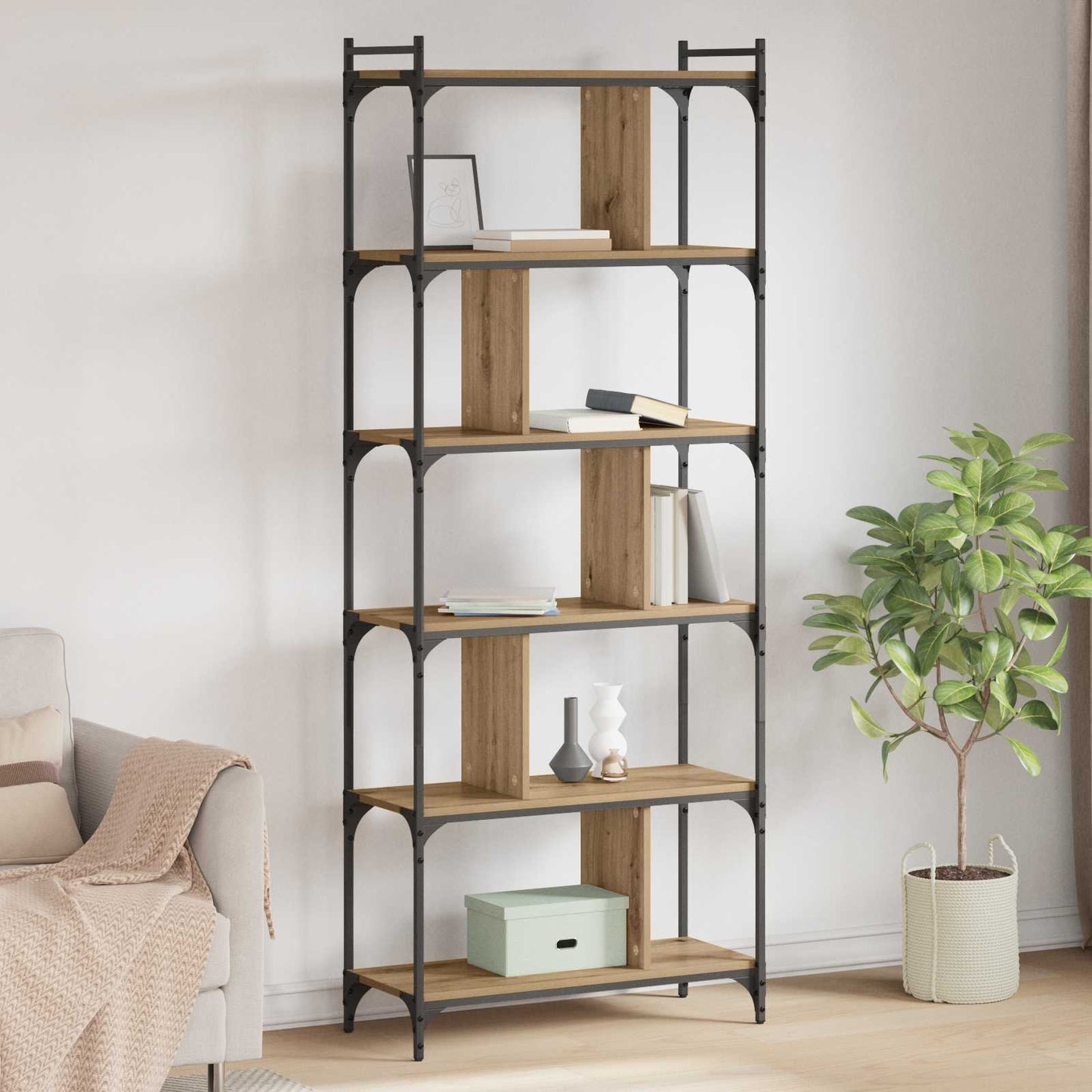 vidaXL Bookcase 5-Tier 76 x 32 x 192 cm Engineered Wood Artisan oak