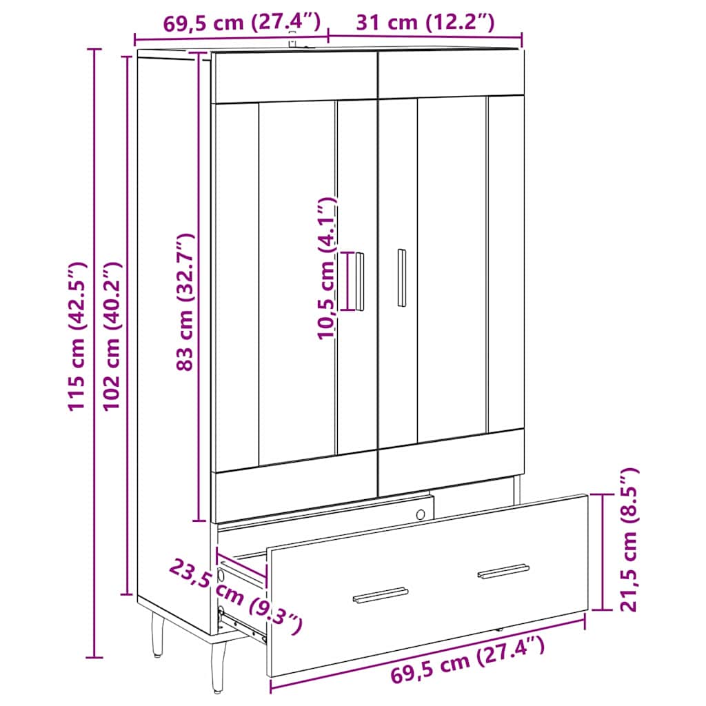 vidaXL Highboard Black Oak 69.5 x 31 x 115 cm Engineered Wood