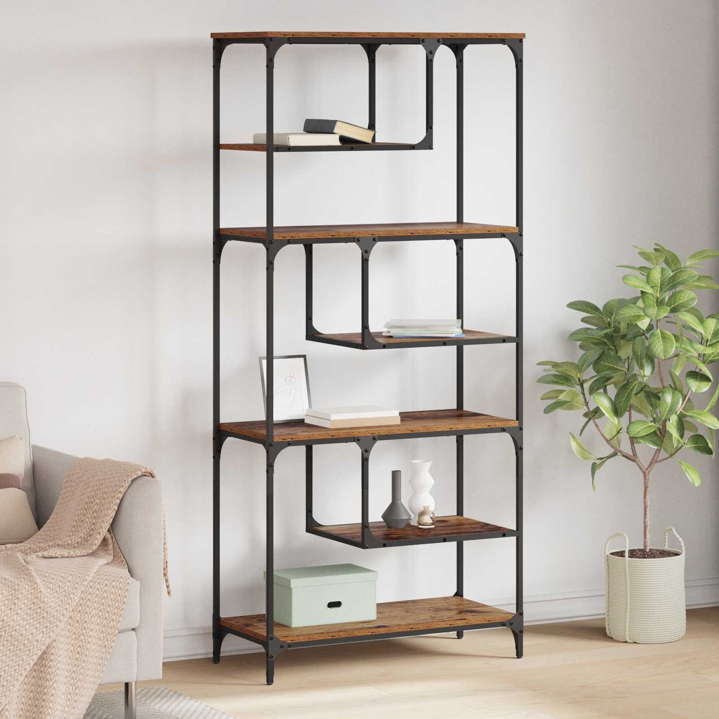vidaXL Bookcase 6-Tier Engineered Wood Old wood